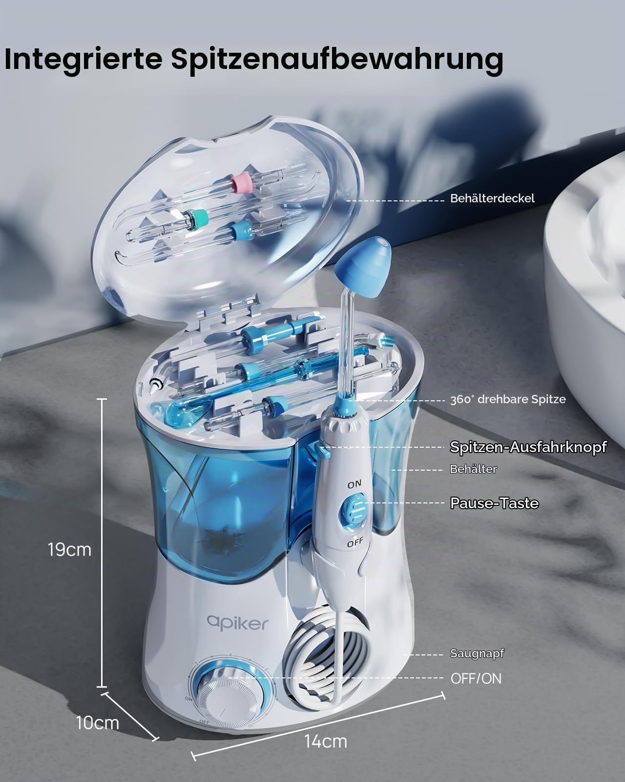 Apiker Munddusche​​ mit 10 Druckstufen– ​​Power Water Flosser​​ mit 8 Düsen (Zahnspange/Zunge/Nase) –5x Stärker als Zahnbürsten– 600ml Zahndusche ​​Mundspülung Elektrisch & ​​Oral Irrigator