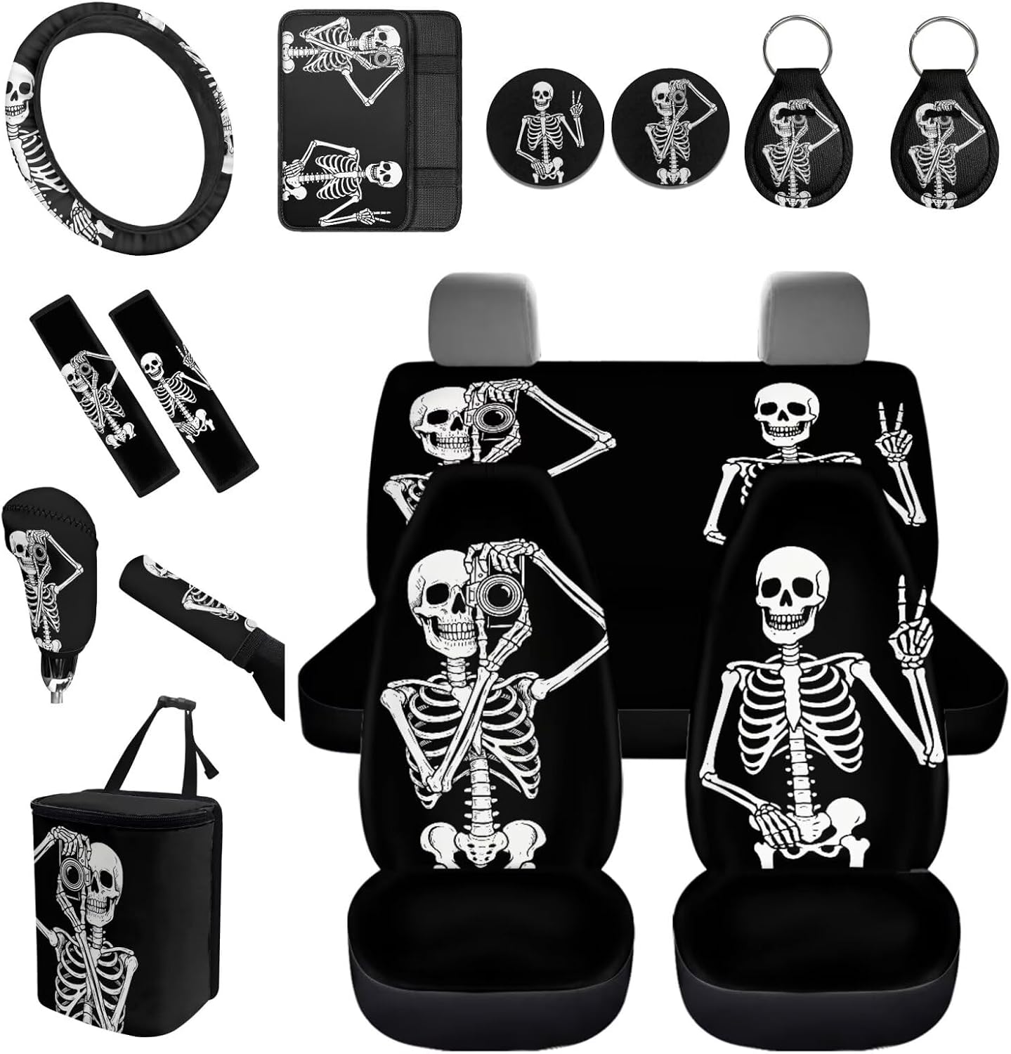 Binienty Skeleton Car Accessories Set, 15PCS Novelty Car Seat Cover Set with Universal Rear Seat Cover, Steering Wheel Cover, Armrest Pad, Cup Coasters, Keychains