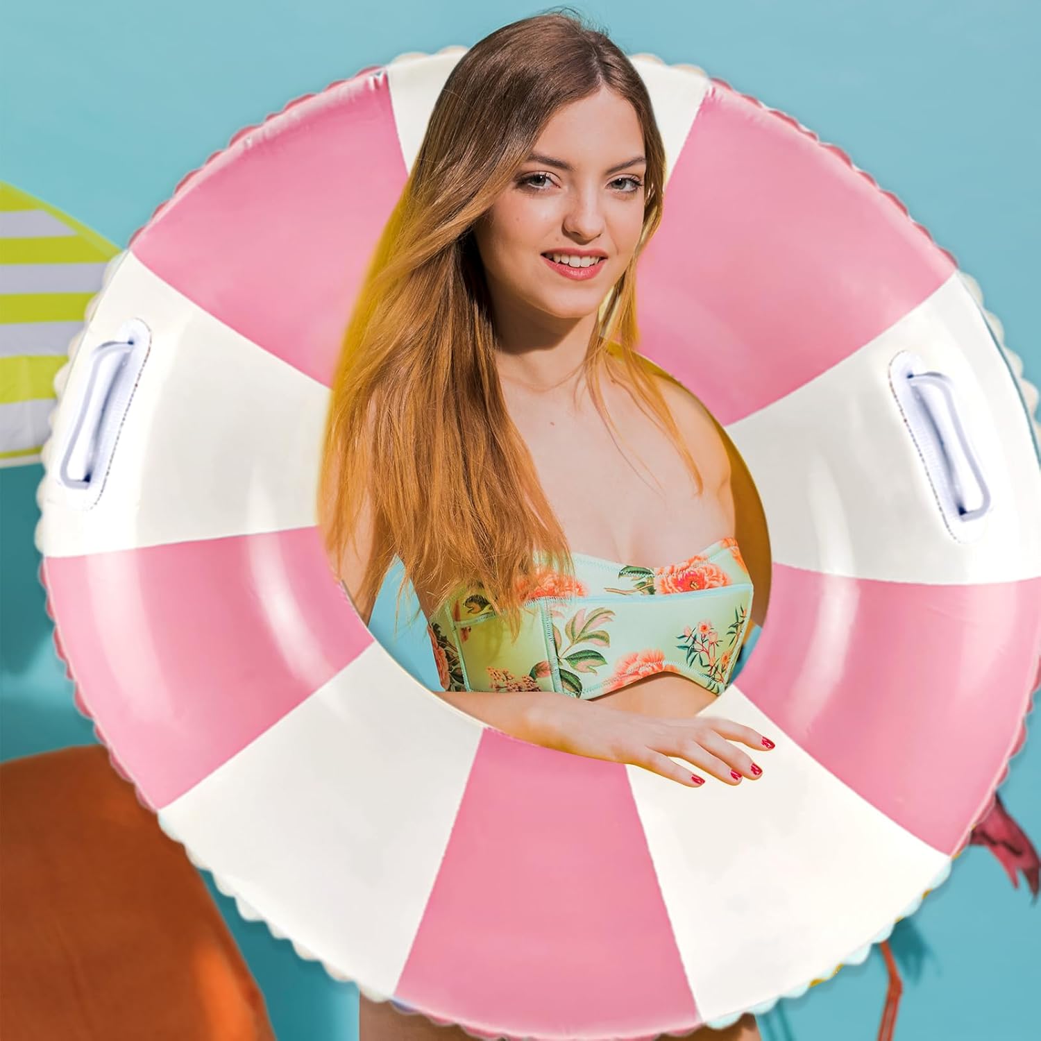 Classic Striped Pool Floats with Handle Inflatable Blue & White Stripes Tubes for Floating Large Swim Rings for Adult Summer Holiday Beach Bachelorette Party