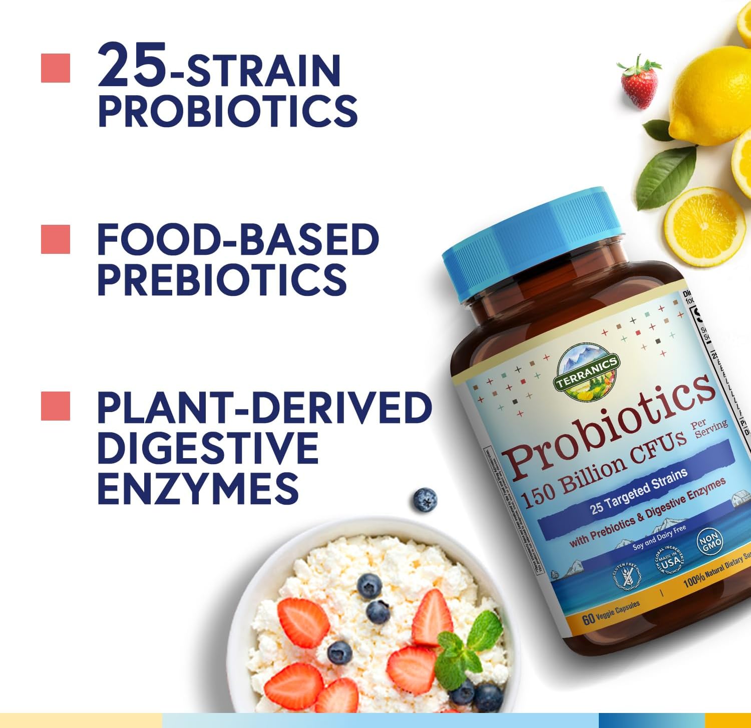 Terranics Daily Probiotics for Men & Women, 150 Billion 25 Strains Probiotics, with Prebiotics & Enzymes, Delayed Release, Shelf Stable, 60 Veggie Caps