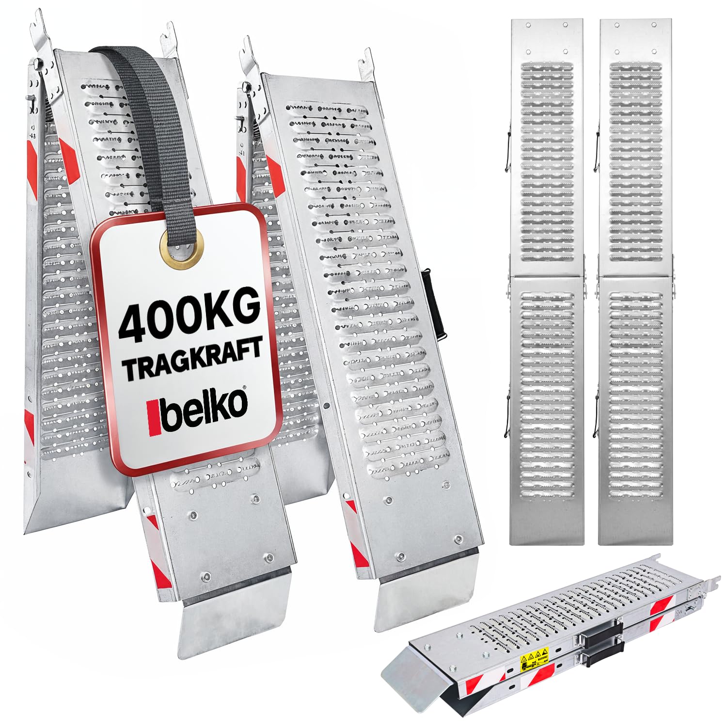 Belko® 2 rampe di carico pieghevoli, portata 400 kg, 168 x 23 cm, pieghevoli, in acciaio zincato, antiscivolo, perforate, per auto, moto, quad, ATV, rimorchio, rampa di carico