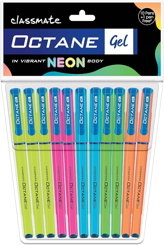 Classmate Octane Gel Pen- Neon Series (Blue)- Pack of 10 Pens + 1 Pen FREE