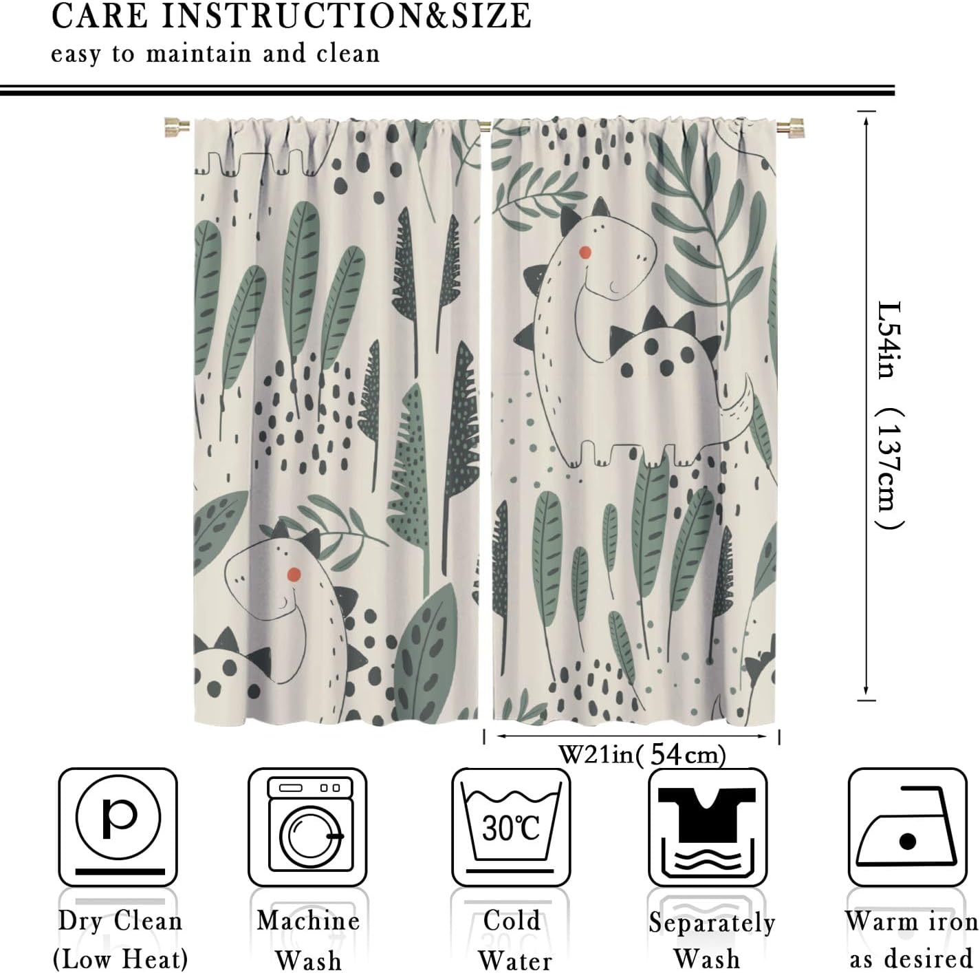 Funny Dinosaur Curtains, Jungle Cute Cartoon Animals Tropical Leaves Plant Beige Green Print Blackout Window Treatments for Kids Boys Girls Bedroom Living Room 42x54 Inch