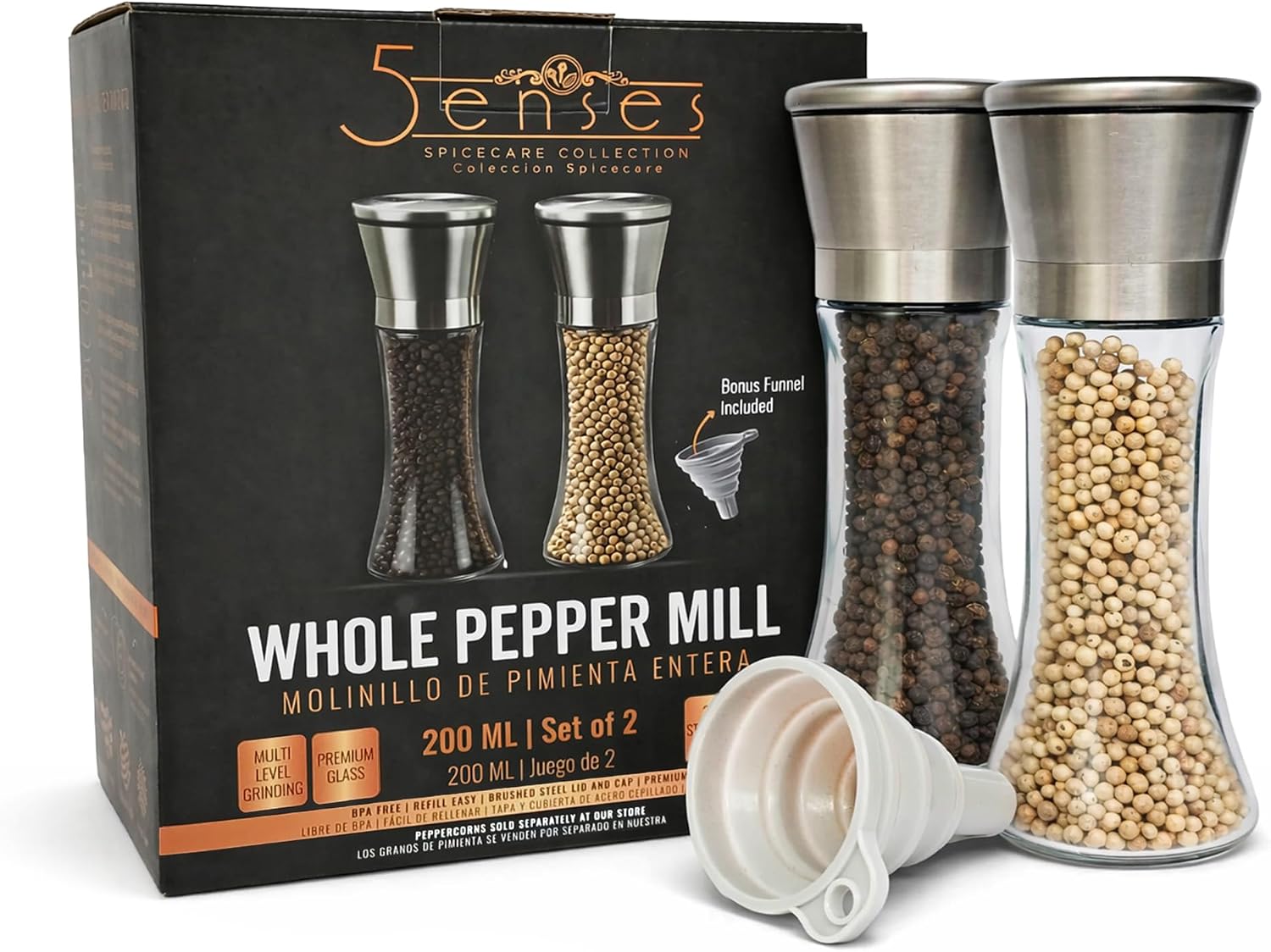 SpiceCare Salt and Pepper Grinder Set of 2 (200ml) | Stainless Steel & Glass Manual Pepper Mill | Adjustable Ceramic Coarseness | Refillable Salt Shaker for Peppercorns, Sea Salt & Spices