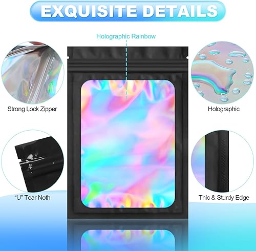 Miniatura 4 de 100 bolsas de mylar a prueba de olores, bolsa de embalaje holográfico resellable con ventana transparente para almacenamiento de alimentos,