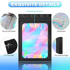 100 Pieces Smell Proof Mylar Bags- Resealable Holographic Packaging Pouch Bag with Clear Window for Food Storage Eyelash Jewelry Electronics Storage (Black, 6.3 x 9.4 Inch)
