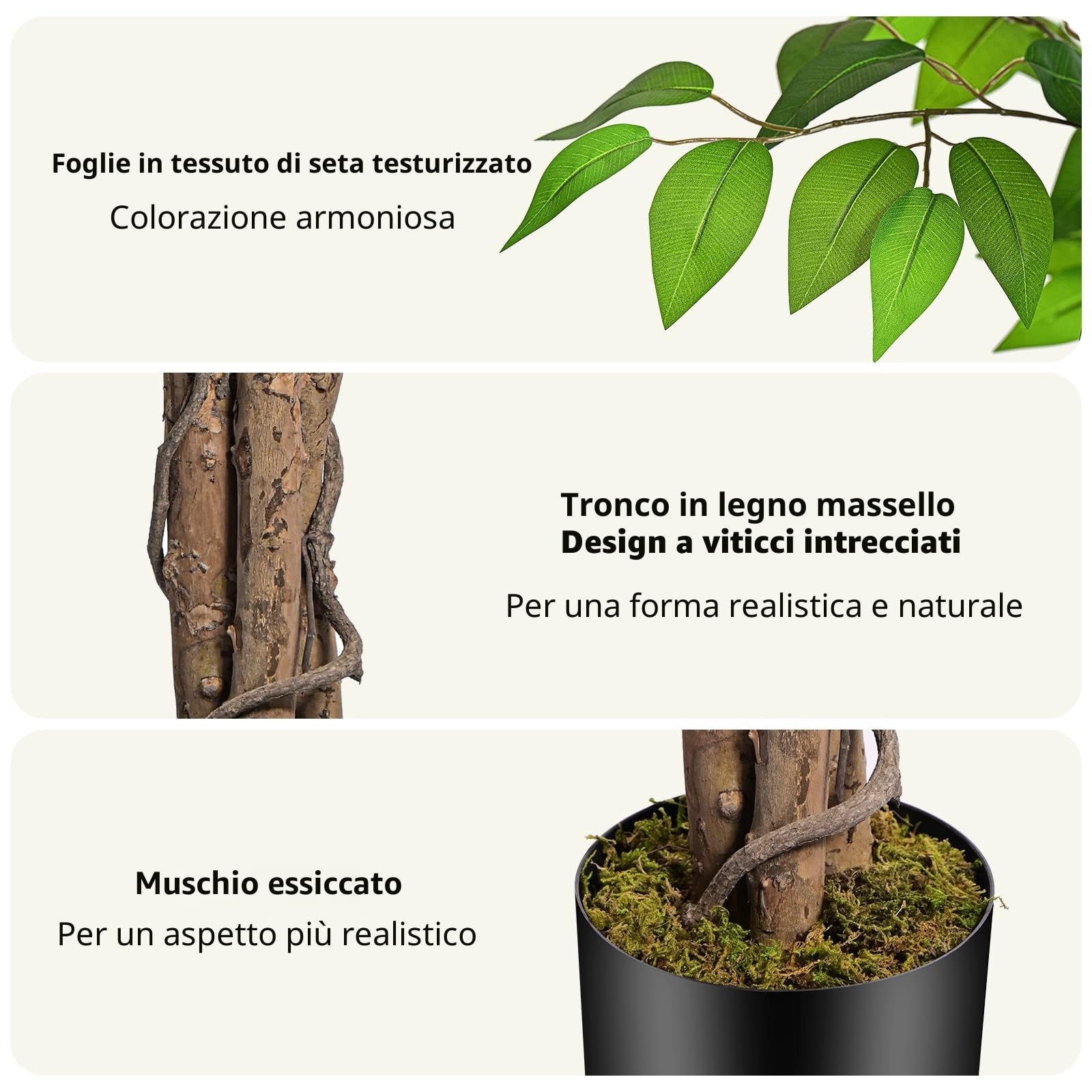 Ficus Artificiale Pianta 180cm alta, Piante Finte da Interno Grandi con Tronchi Natural Ha 1300 Foglie, Albero Artificiale Interni Per Soggiorno Ufficio Giardino Dec