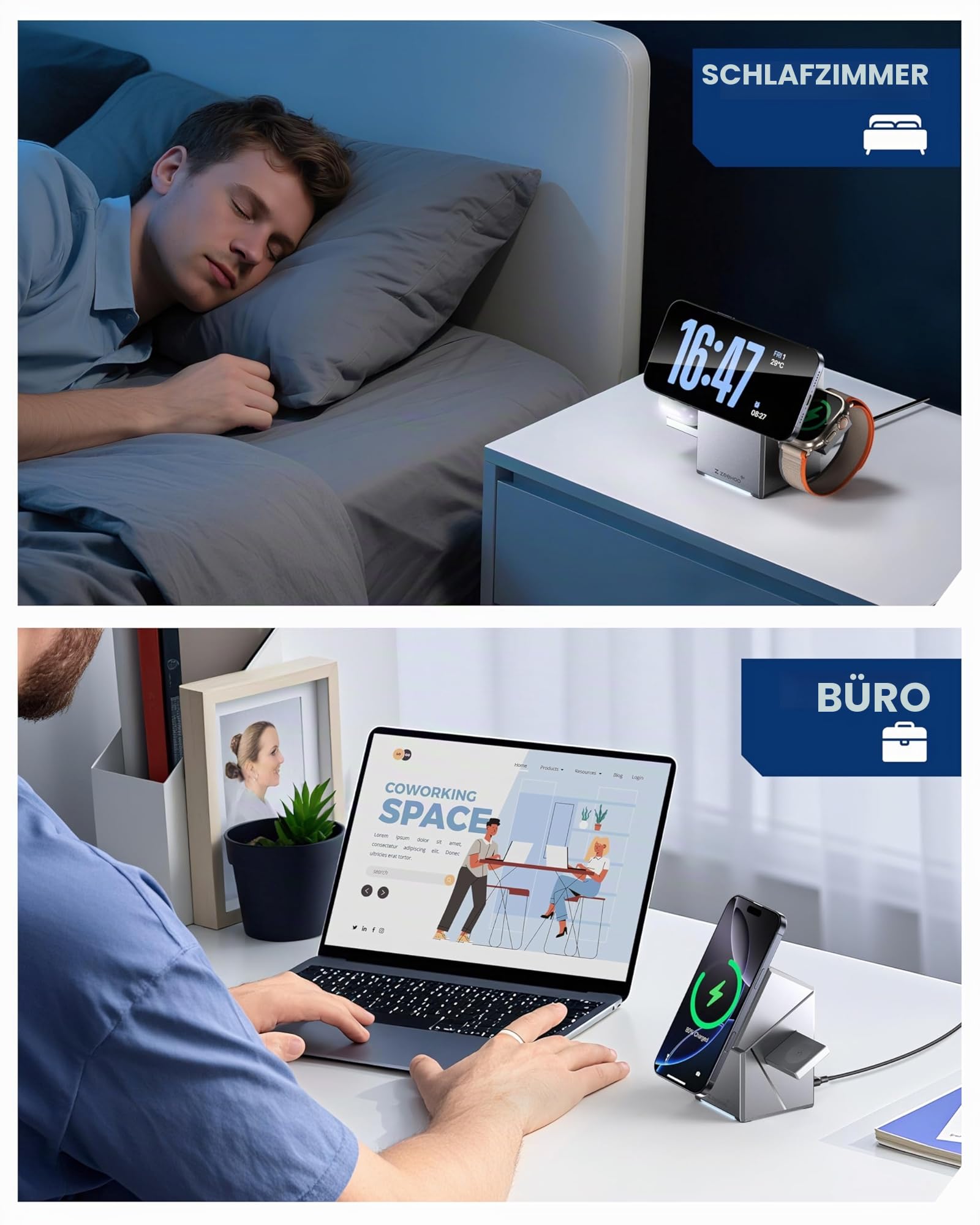 ZEEHOO 3 in 1 Ladestation for Apple Magsafe Ladegerät, CubeTrick-X 15W Wireless Charger für iPhone 16 15, 14, 13, 12 Serie,für Apple Watch und AirPods (30W USB-C Ladegerät enthalten)