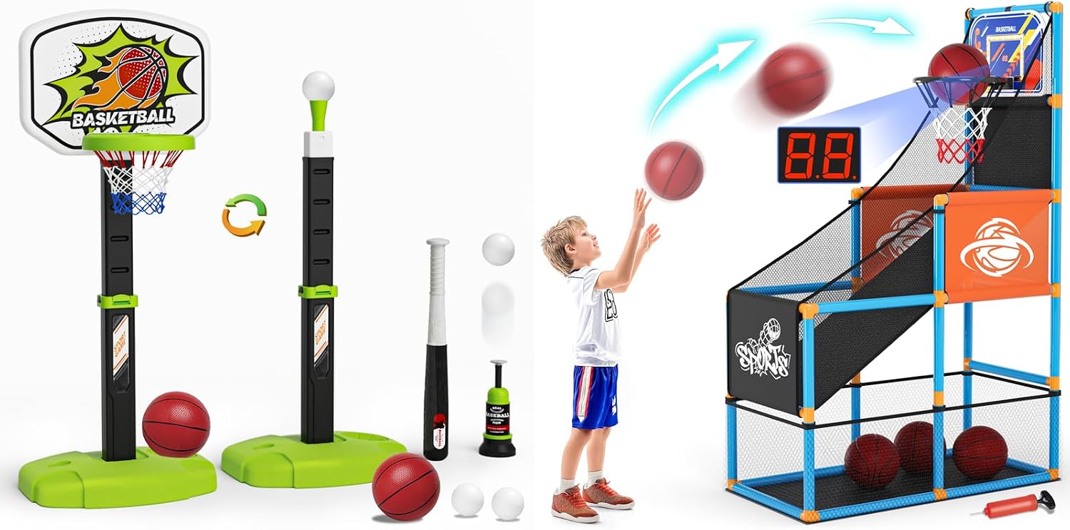 Christmas Sport Gifts Arcade Basketball Game Set & Toddler Basketball Hoop and Tee Ball Set for Kids Basketball Hoop with Electronic Scoreboard Baseball Tee with Automatic Pitching Machine Indoor Toys