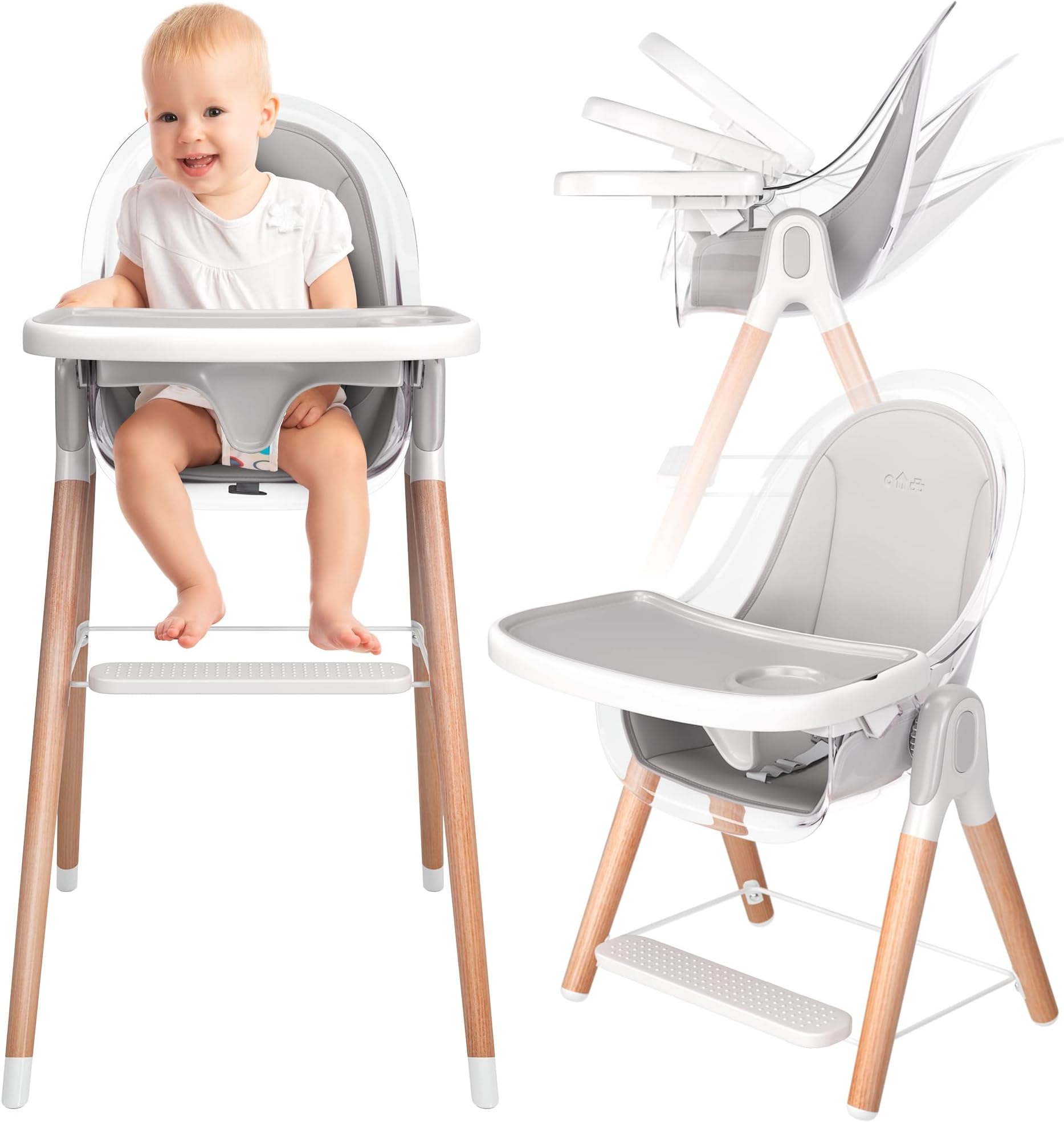 Children of Design 6 in 1 Deluxe Wooden High Chair for Babies & Toddlers, Modern Safe & Compact Baby Highchair, Easy to Clean & Assemble Removable Tray & Cushion, 6 Options 3 Seat Positions 2 Heights