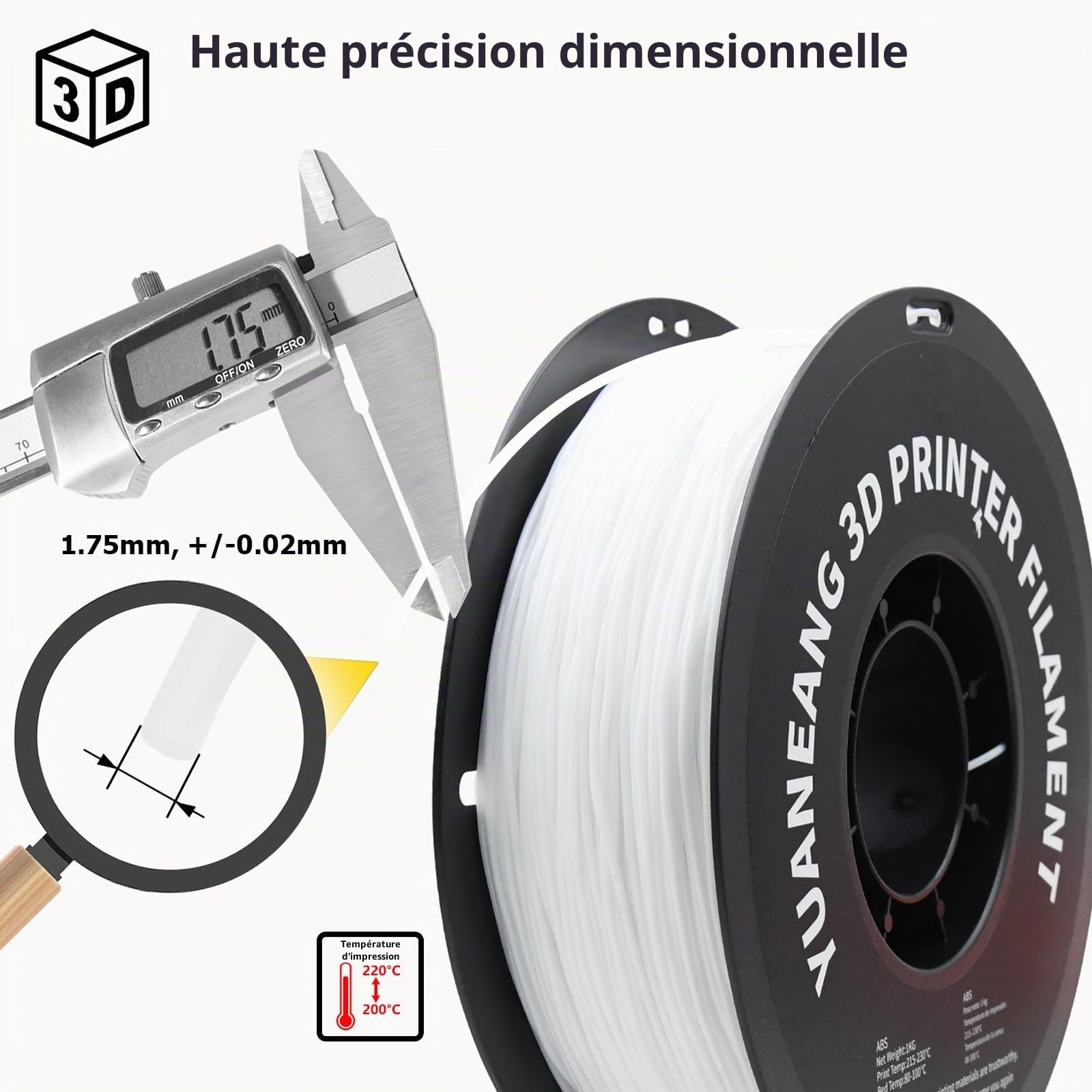 Lot de 10 rouleaux de filament PETG pour imprimante 3D, précision dimensionnelle +/- 0,03 mm, bobine de 1 kg, 1,75 mm, convient à la plupart des imprimantes 3D, 10 kg blanc