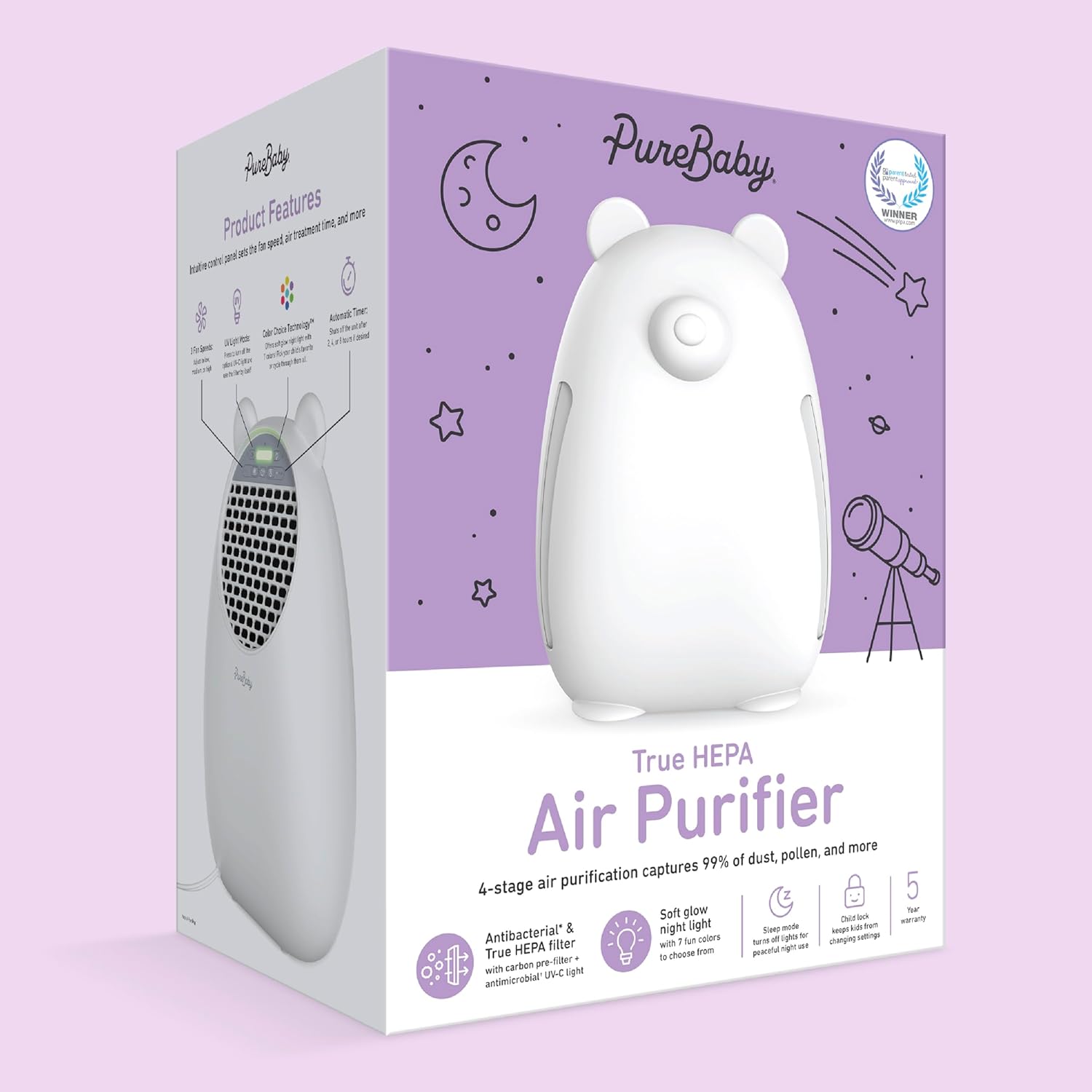 Pure Enrichment PureBaby Kids Bear Air True HEPA Air Purifier - 4 Stage Air Filtration, UV-C Light, and Night Light for Medium-Large Rooms - Baby Nurseries, Kid Bedrooms (White)