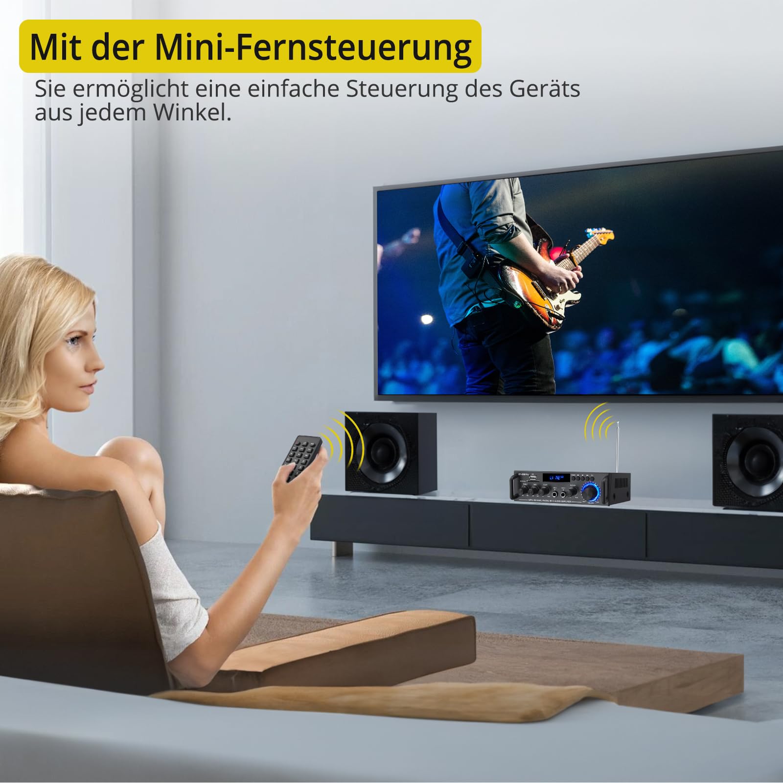 PROZOR Audio Power Stereo Verstärker Bluetooth 5.0 Verstärker HiFi Stereo Amplifier mit 2 Kanal, Bass Treble Tuner, Fernbedienung Digital Endstufe Mini Audio Verstärker für PC Heimkino 50Wx2 12V