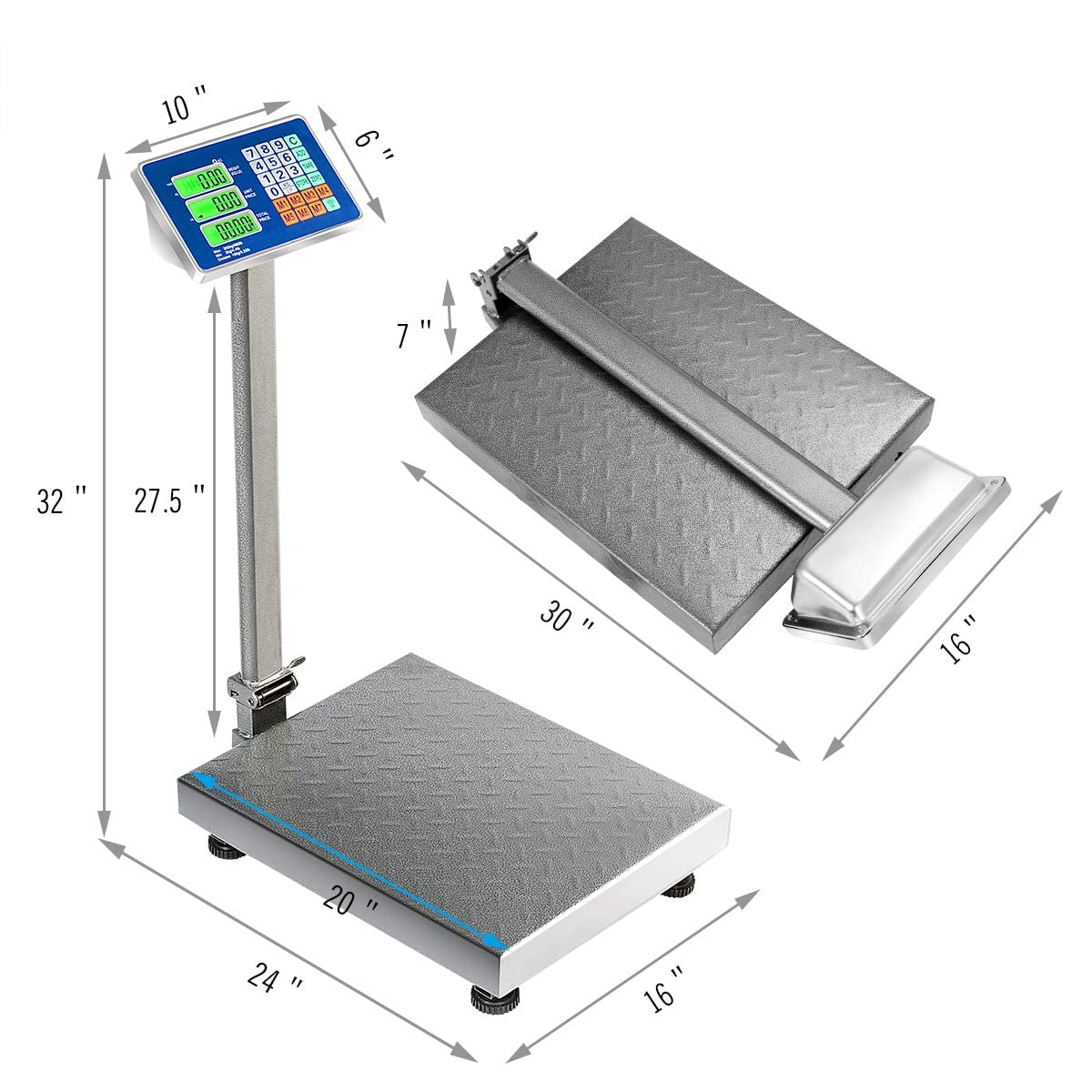 MEDIMALL Báscula electrónica plegable de 660 libras, báscula digital informática con pantalla LCD, fuente de alimentación CA/CC y LB/KG conmutable, báscula de plataforma de piso grande para pesar