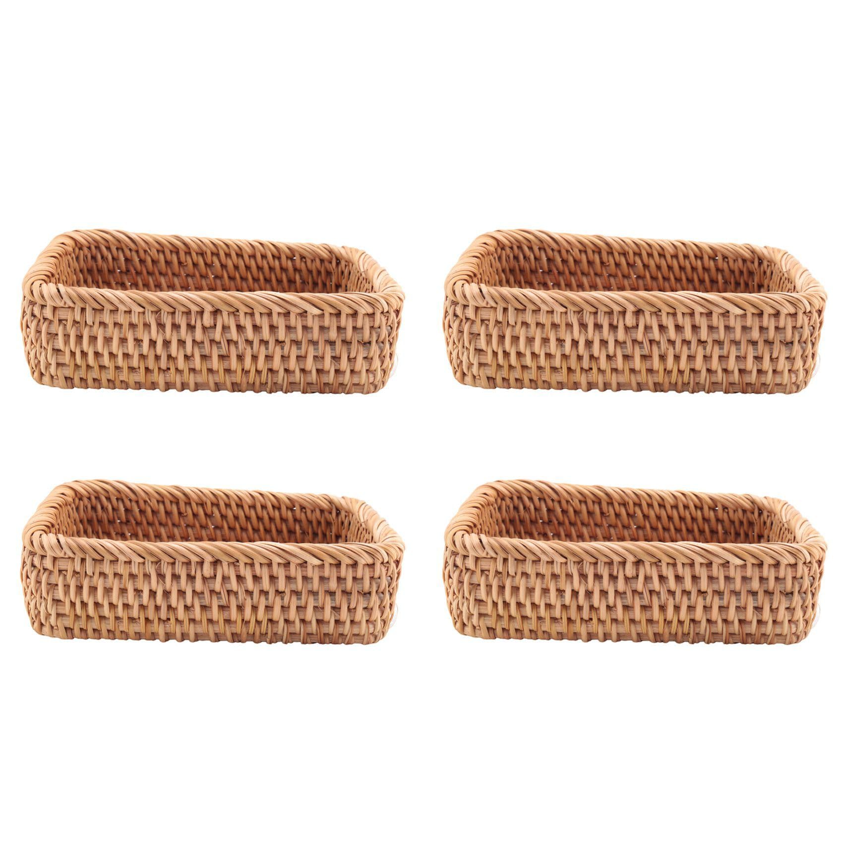 Hndhbfgrt 4X Hand-Woven Rectangular Rattan Wicker Basket Fruit Tea Snack Bread Picnic Cosmetic Storage Box S