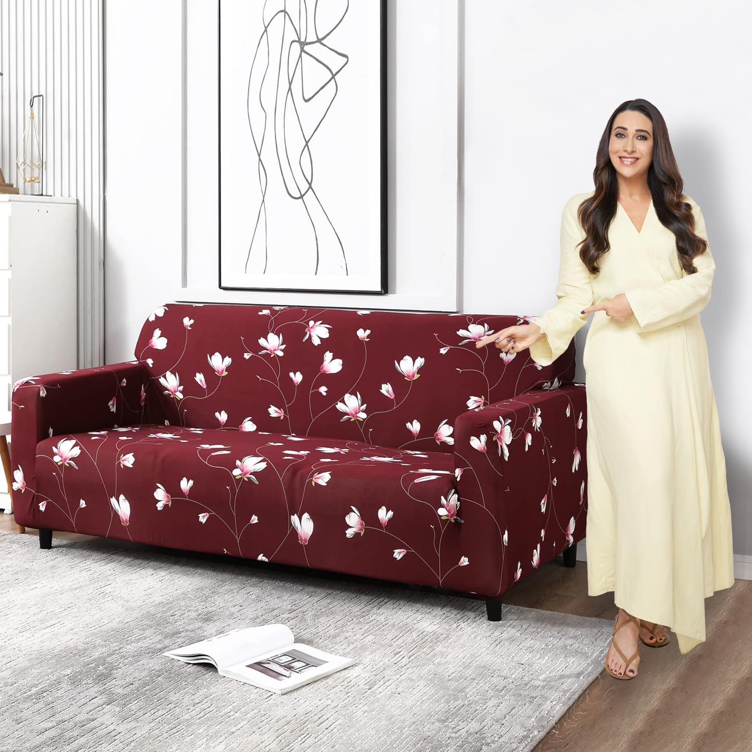 HOKIPO Sofa Cover 3 Seater Fully Covered, Wine Red Flowers