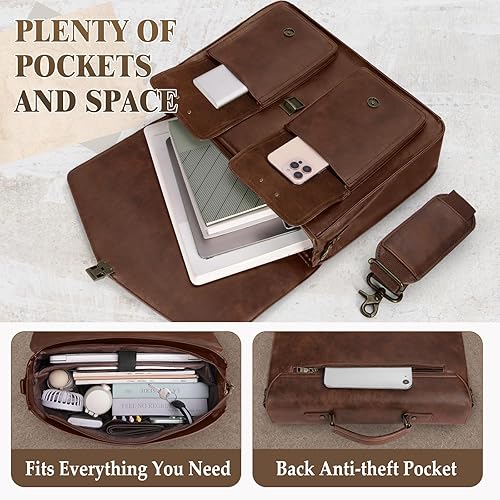 Miniatura 4 de RAINSMORE Bolsa de mensajero para hombre de 17 pulgadas, maletín para computadora portátil, impermeable, de cuero, para trabajo, oficina, viajes,