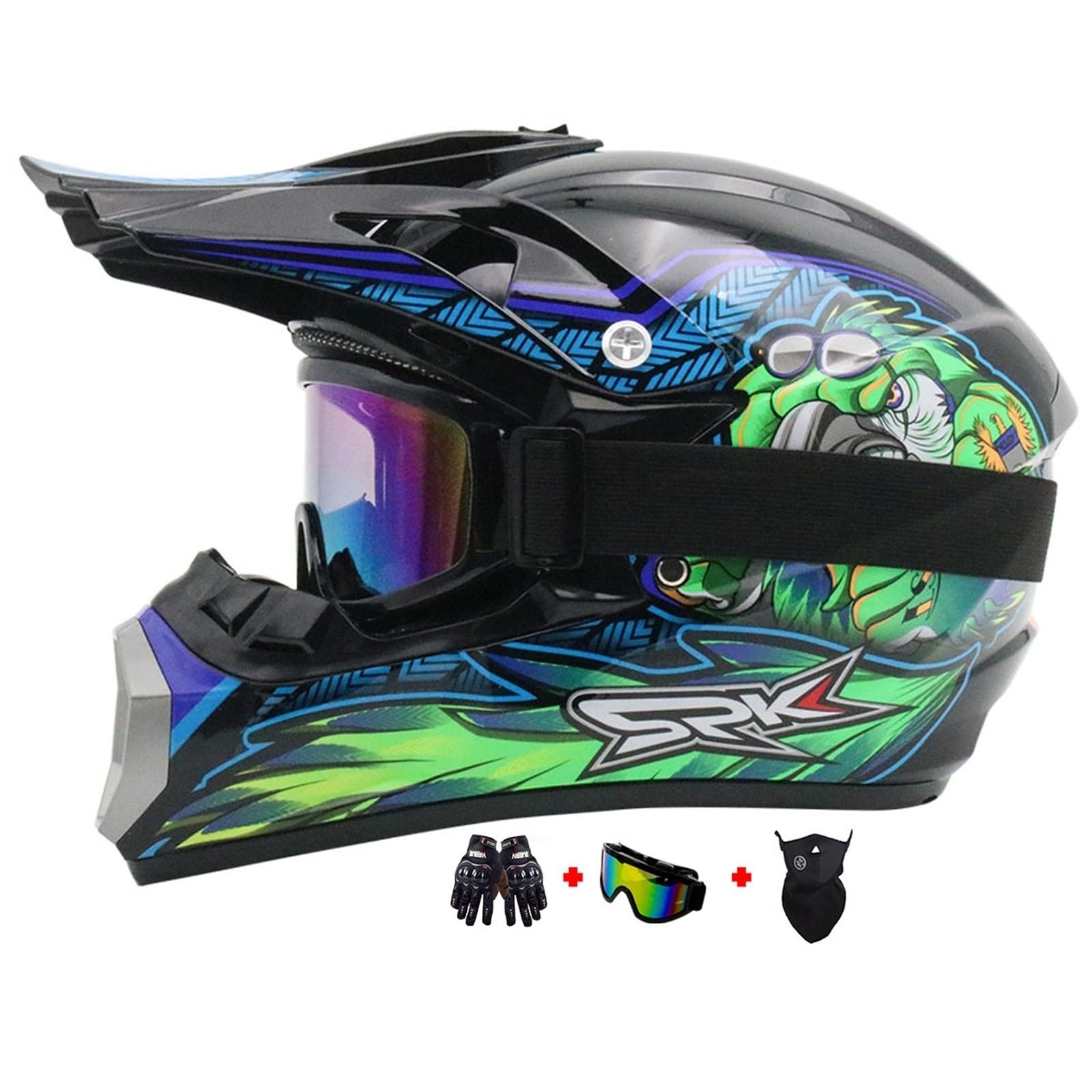 Integralhelm für Motocross, mit Schutzbrille, Handschuhen und Maske für Kinder, Jugendliche, Damen und Herren