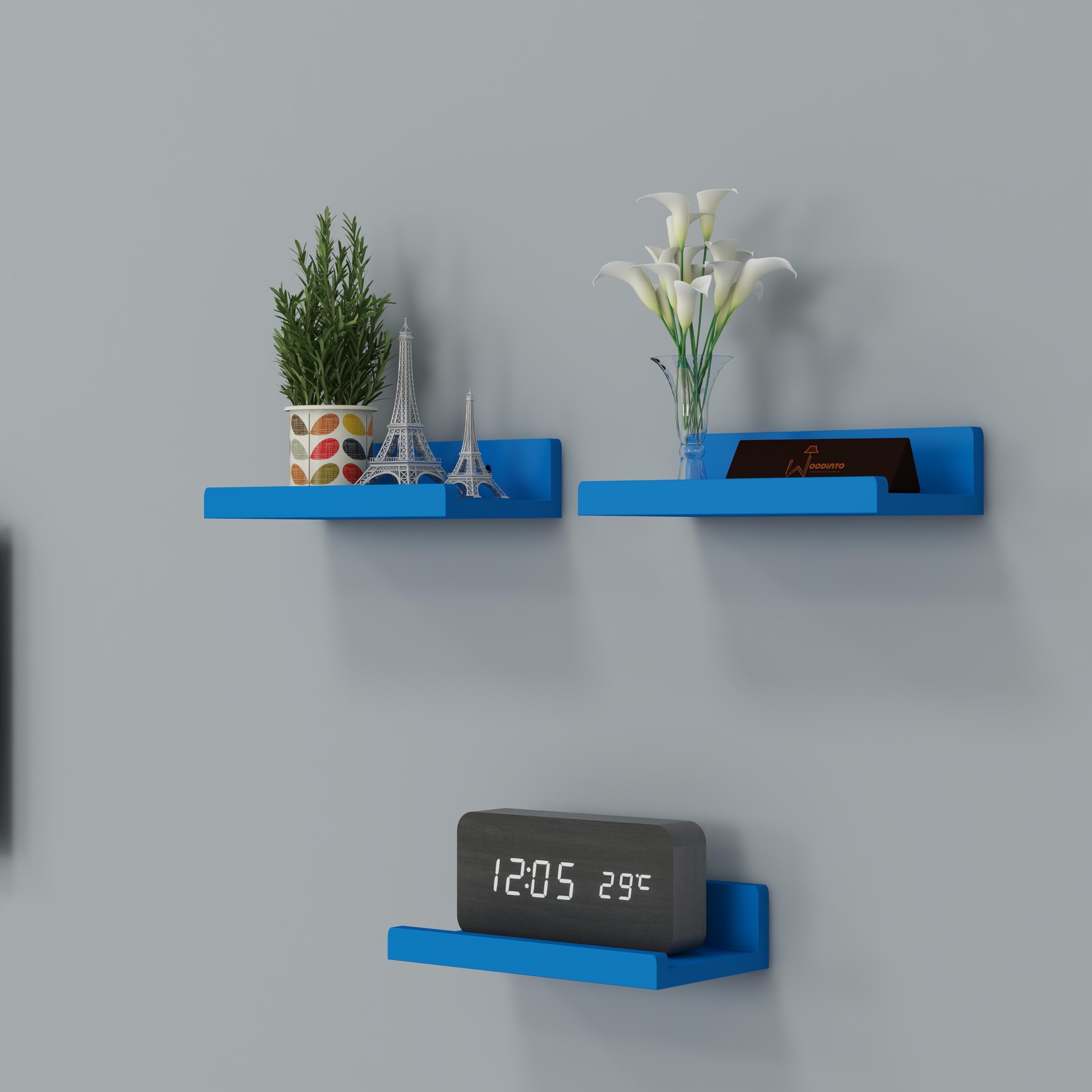 WooDinto 8 Inch Hanging Floating Wall Mount Display U Shape Wall Shelf, Engineered Wood Wall Rack Shelf for Living Room Decoration, Showcase and for Storage (8 Inch) Set of 3 (Blue)-image-18
