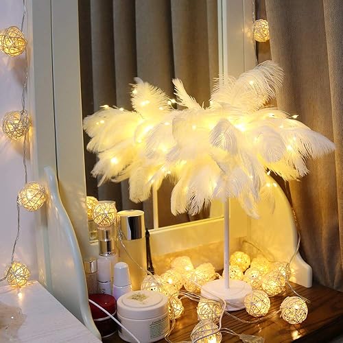 Miniatura 7 de GUOCHENG Luz nocturna de plumas de avestruz, luz LED decorativa de ambiente con plumas, control remoto de plumas junto a la lámpara de mesa para