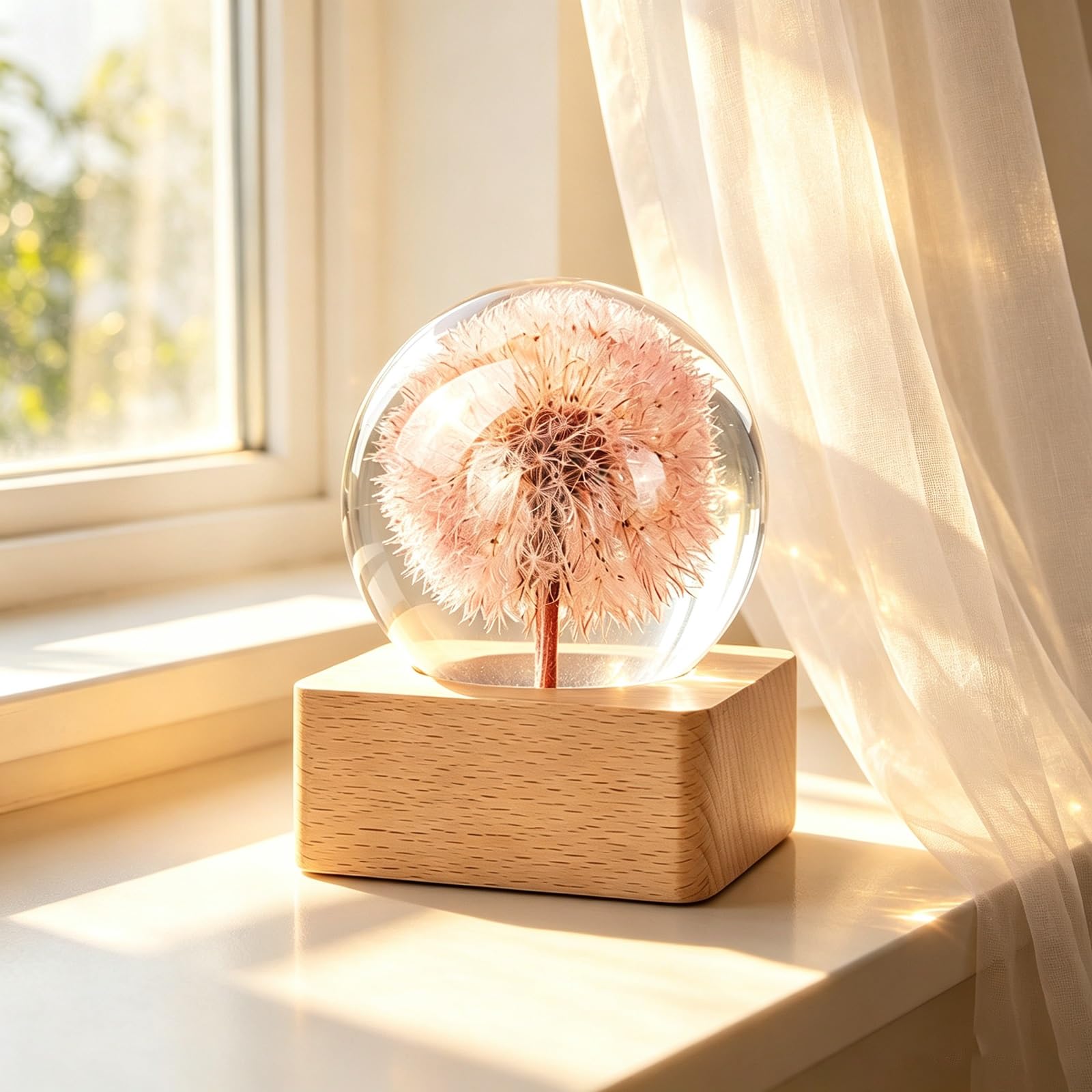 Lampada Resina Epossidica Tarassaco, Sfera Cristallo LED Luce Notturna