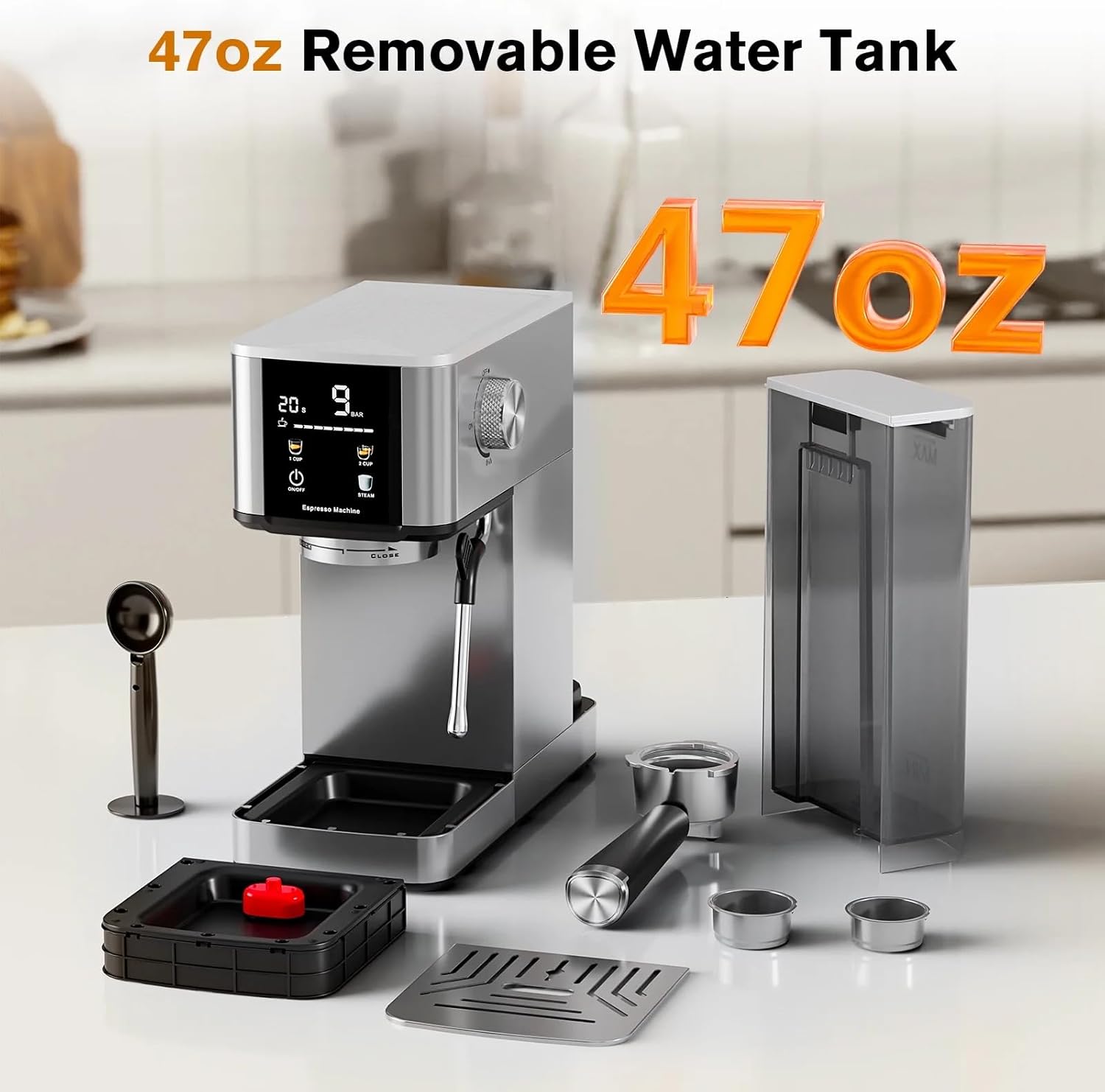 20-Bar Espresso Coffee Machine with Color Touchscreen, Milk Frother Steam Wand, 1.4L Removable Water Tank, Stainless Steel Espresso, Cappuccino & Latte Maker
