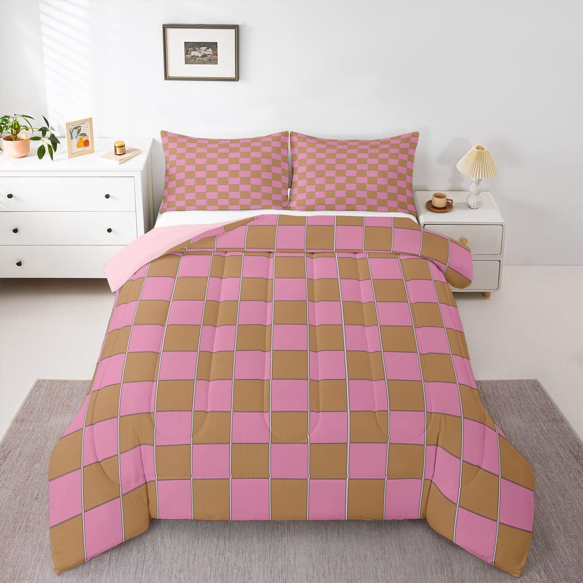 Erosebridal Gaming Plaid Queen Comforter Set Geometric Checkered Bedding Set Pink Brown Comforter for Kids Boys Girls,Cute Checkerboard Quilt Duvet