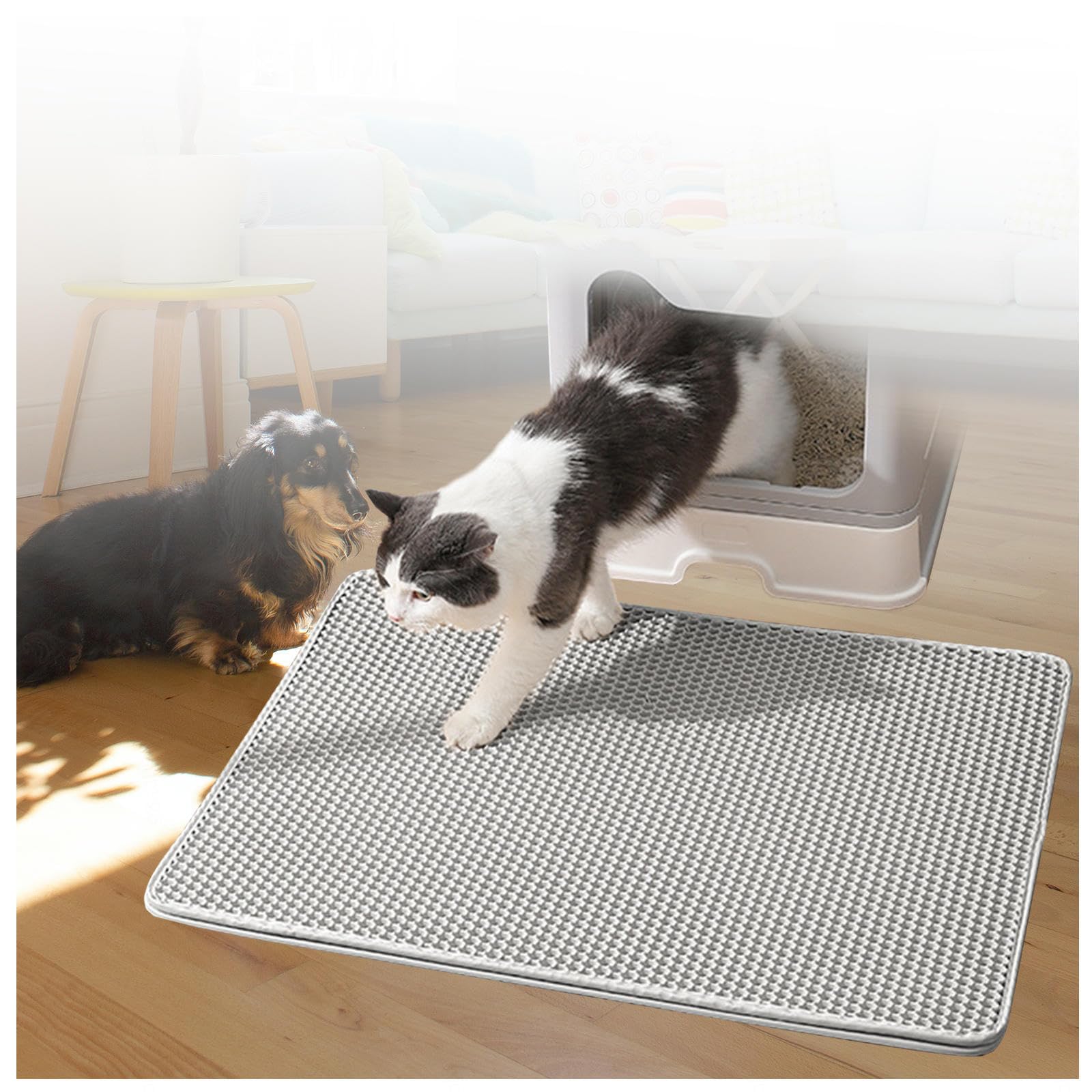 Tybeitao Grey Cat Litter Mat Litter Trapping Mat, Honeycomb Double Layer Easy Clean Litter Box Mat Less Waste,Soft On Paws,Non-Slip, Cat Litter Trap Mat,Gray-L
