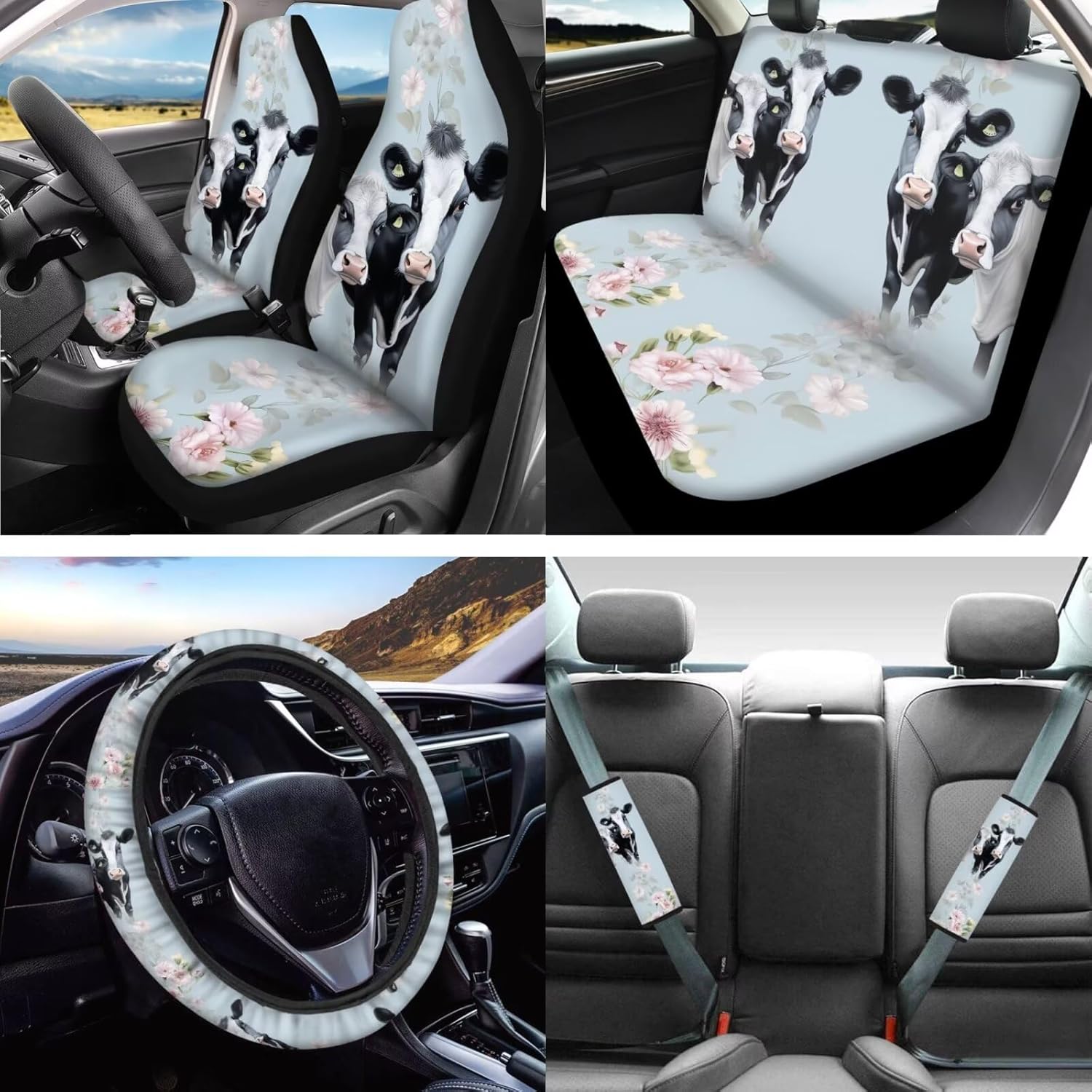 Universal Fit Animal Cow Print Automobile Interior Sets Car Seat Cover Steering Wheel Cover Seat Belt Pads Handbrake Cover Gear Shift Knob Cover Headrest Cover
