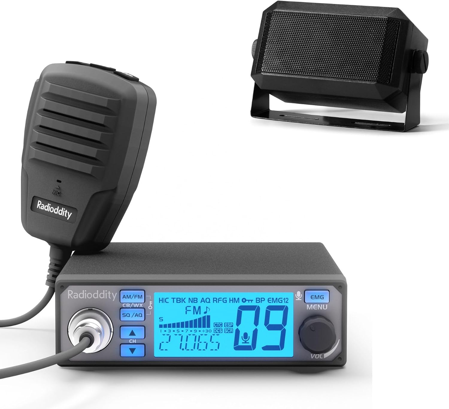 Radioddity CB-500 CB Radio Mobile Transceiver with Noise Reduction, AM FM, 4W Power Output, Instant Emergency Channel 9/19, Support PA System, and 7 Color Backlit Display with RS58 Mini Speaker