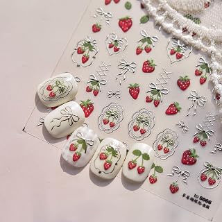 5D Strawberry Nail Stickers Summer Nail Decals Self-Adhesive Embossed Bow Heart Strawberry Nails Design Sticker Spring Summer Fruit Stickers for Women DIY Nail Decoration Nail Art Supplies Accessories