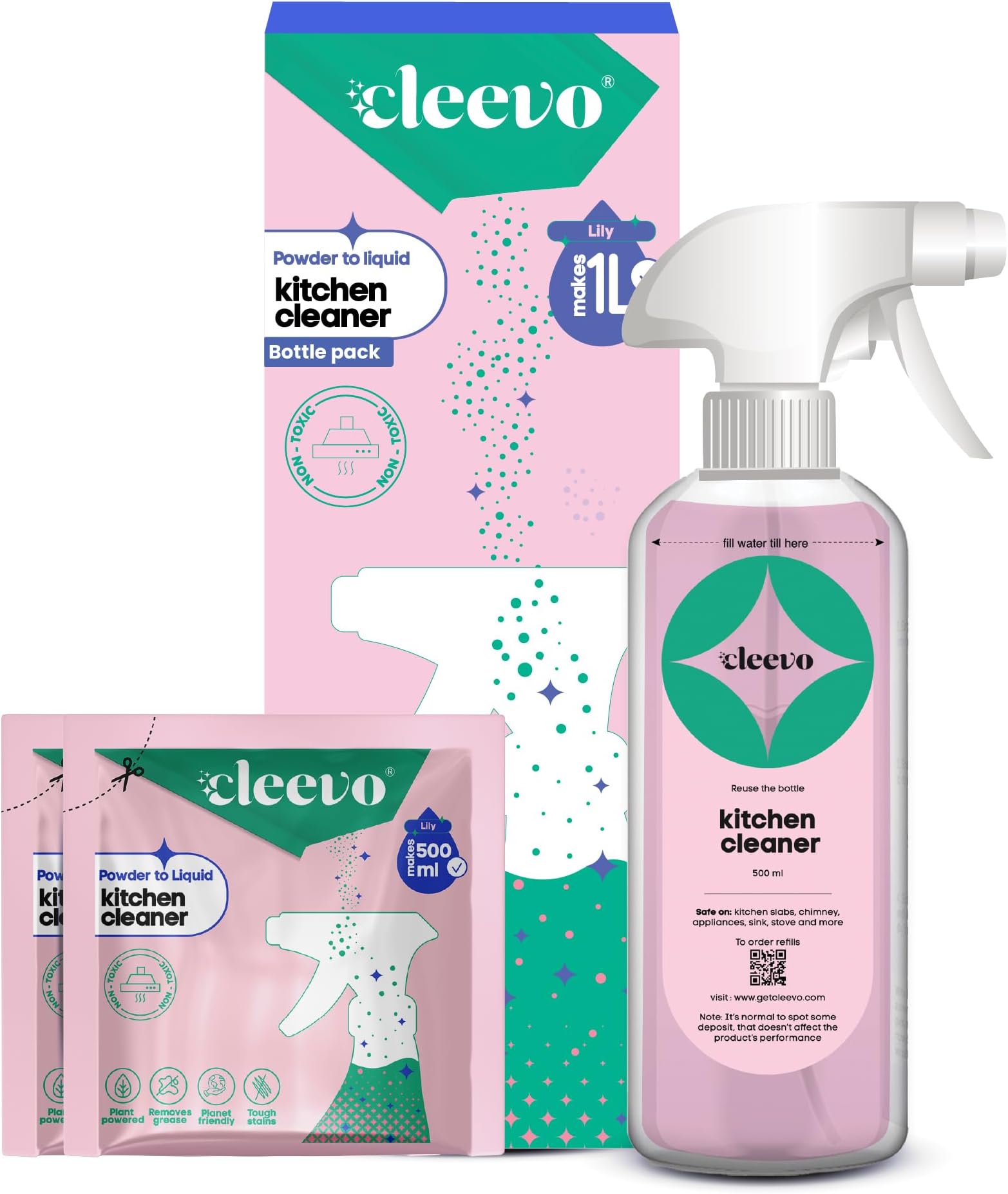 Cleevo Kitchen Cleaner Spray- 1L Bottle Pack | Natural Plant-Based Cleaning Spray for Tough Stains Gas Stove, Countertop, Chimney | Grease & Grime Remover | All-in-One Kitchen Surface Cleaner