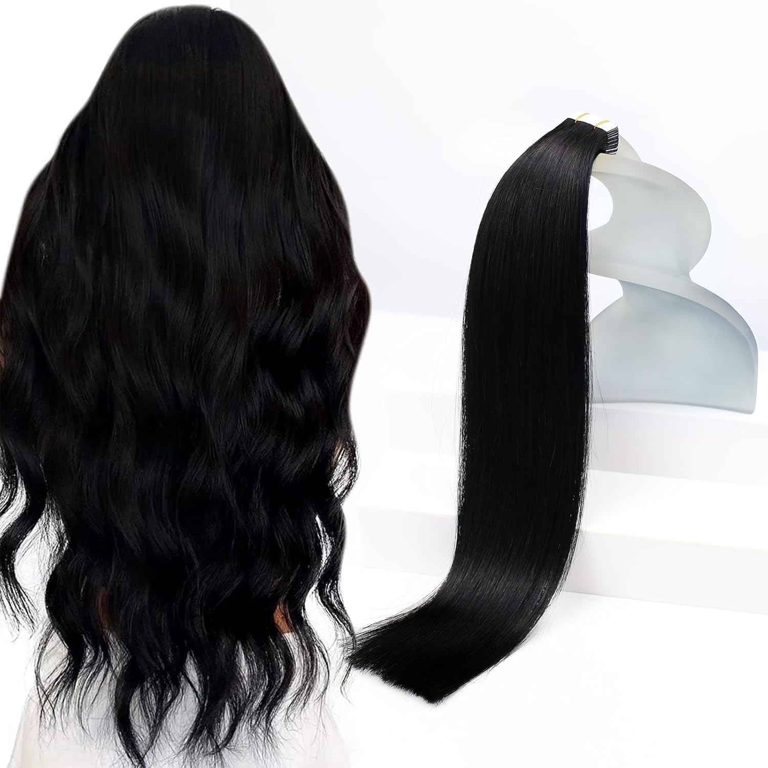 Sunny Hair Tape in Hair Extensions Human Hair 24inch Hair Extensions Real Human Hair Tape in Extensions for Women Jet Black Invisible Remy Hair Natural Straight Skin Weft Double Sided Tapes 20Pcs 50g