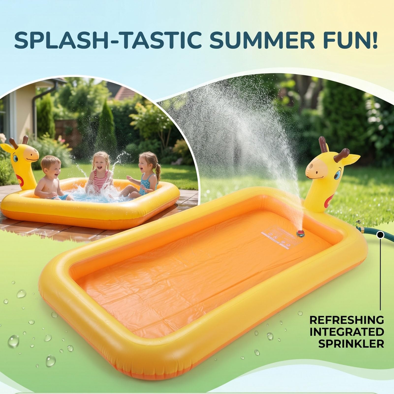Piscina Gonfiabile per Bambini, Irrigatore Gonfiabile in Materiale PVC Addensato con di Irrigazione Integrato e Bordi Arrotondati per Gioco Sicuro, (200x110x19 cm/78,7x43,3x7,5 pollici)