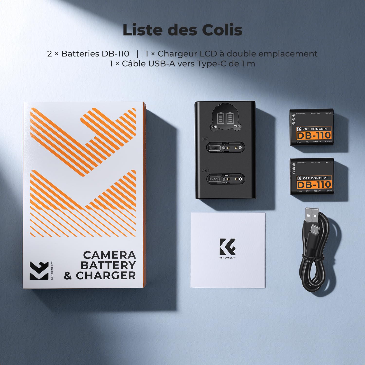 K&F CONCEPT 2 Batteries DB-110 + Chargeur LCD à Double Fente Compatible avec Utilisant des Batteries Li-90B/Li-92B Olympus TG7/6/5/4,Ricoh GR III, GR IIIx, Theta X, WG-6, G900, G900 II, G900SE II.