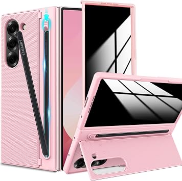 for Samsung Galaxy Z Fold 6 Case with S Pen Holder, Fold6 Slim Case with Privacy Screen Protector Invisible Kickstand Military Grade Drop Protection PC Bumper Phone Cover for Z Fold 6 Pink