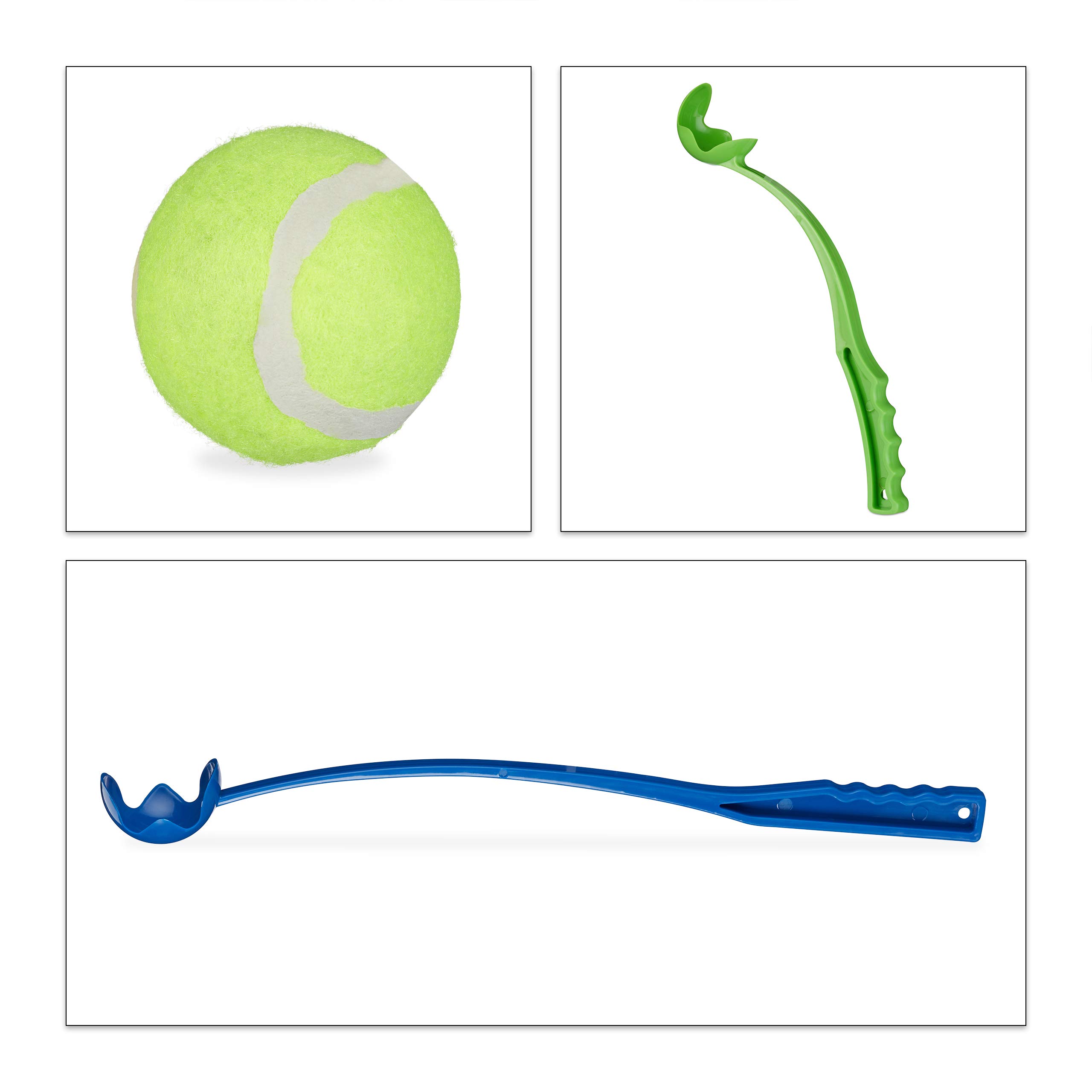 Relaxdays Lancia Palla per Cani, Set da 2 Giocattolo Ball Launcher per Animali Domestici, 5 Palline da Tennis, Blu Verde
