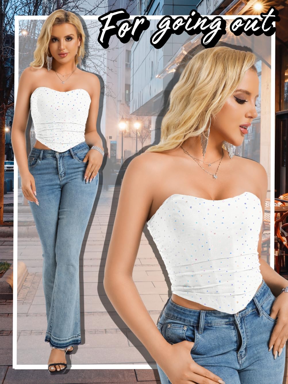 EHSUYAB Women Sexy Lace Up Corset Top, Sparkly Rhinestone Sequin Tube Mesh Bustier Tops, Club Outfit Birthday Party Going Out