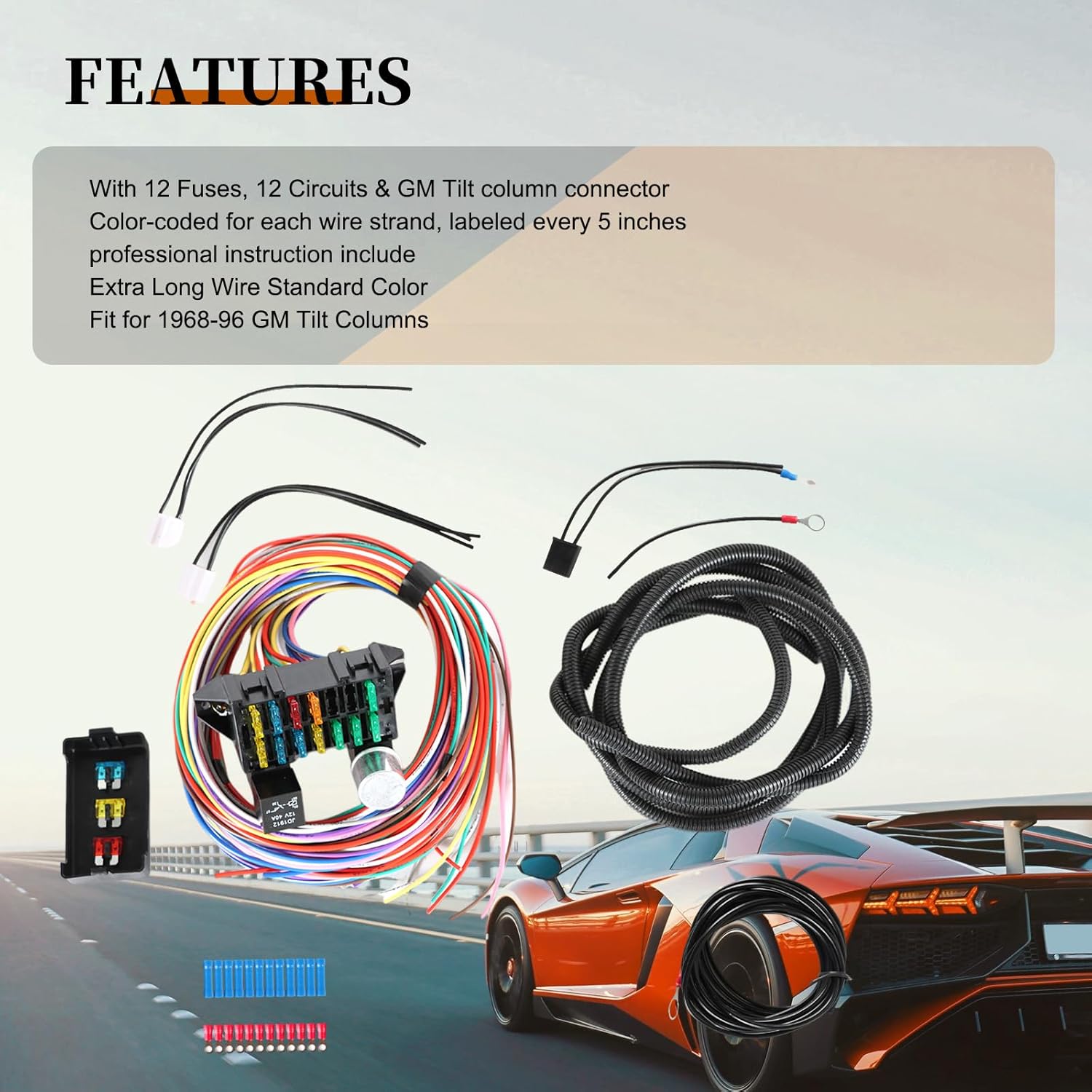 Universal Wiring Harness Kit 12 Circuit 12 Fuses Extra Long Wire Standard Color for Street Hot Rod for DIY Builders, Custom Vehicles & Restorations, for 1968-96 GM Tilt Columns