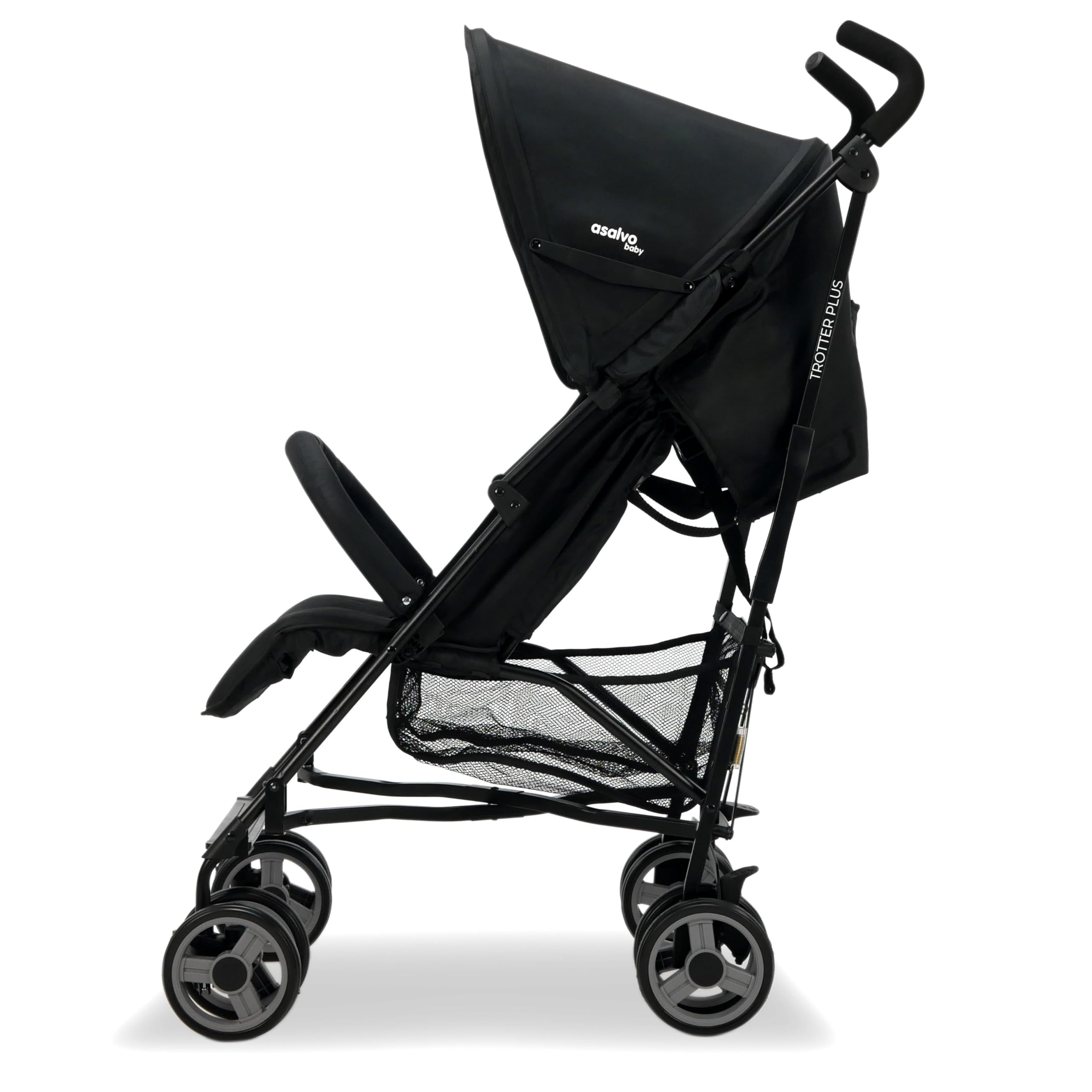Asalvo TROTTER PLUS Silla de Paseo, Carrito bebé, Carro para bebés, Reclinable, Confortable, Ultraligera, Capota con Ventana y Freno Trasero, Manejable, Plegado compacto, Carga Máxima 25 kg, Negro
