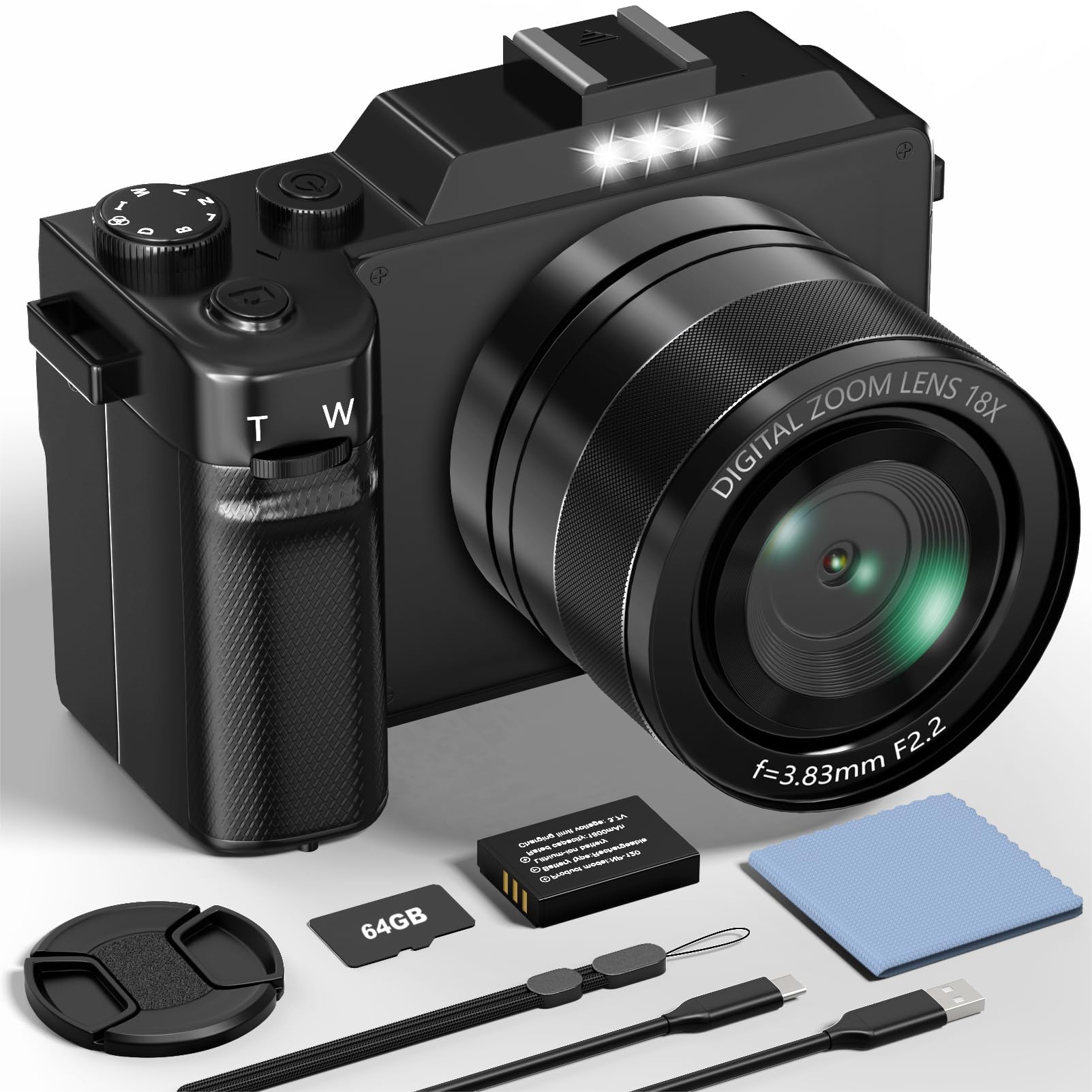 Cámara Digital 5K con Doble Lente, 64MP Compacta Autofoco 18X WiFi y 64GB