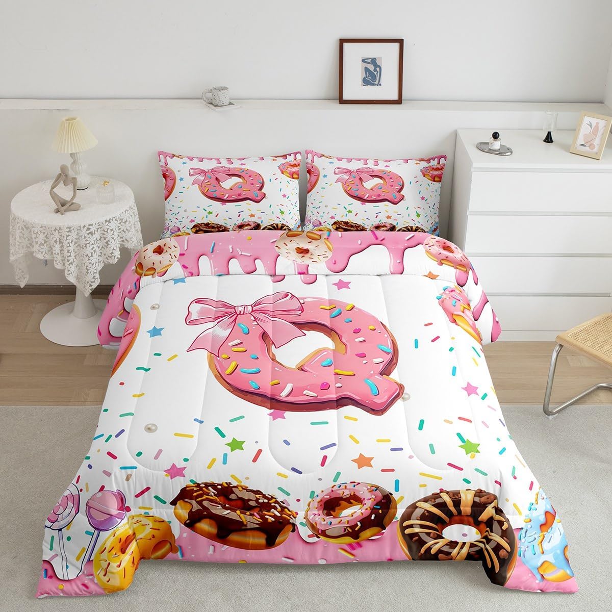 Erosebridal Girls Pink Bow Comforter Set Toddler Size Monogrammed Bedding Sets Personalized Alphabet Q Duvet Insert Colorful White Donut Sweet Candy Quilt Ultra Soft Modern Fashion Bed Set