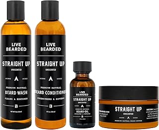 Live Bearded Kit completo de aseo para barba – lavado, acondicionador, mantequilla y aceite – Fabricado en los Estados Unidos con ingredientes totalmente naturales – Set de novio para hombre | recto