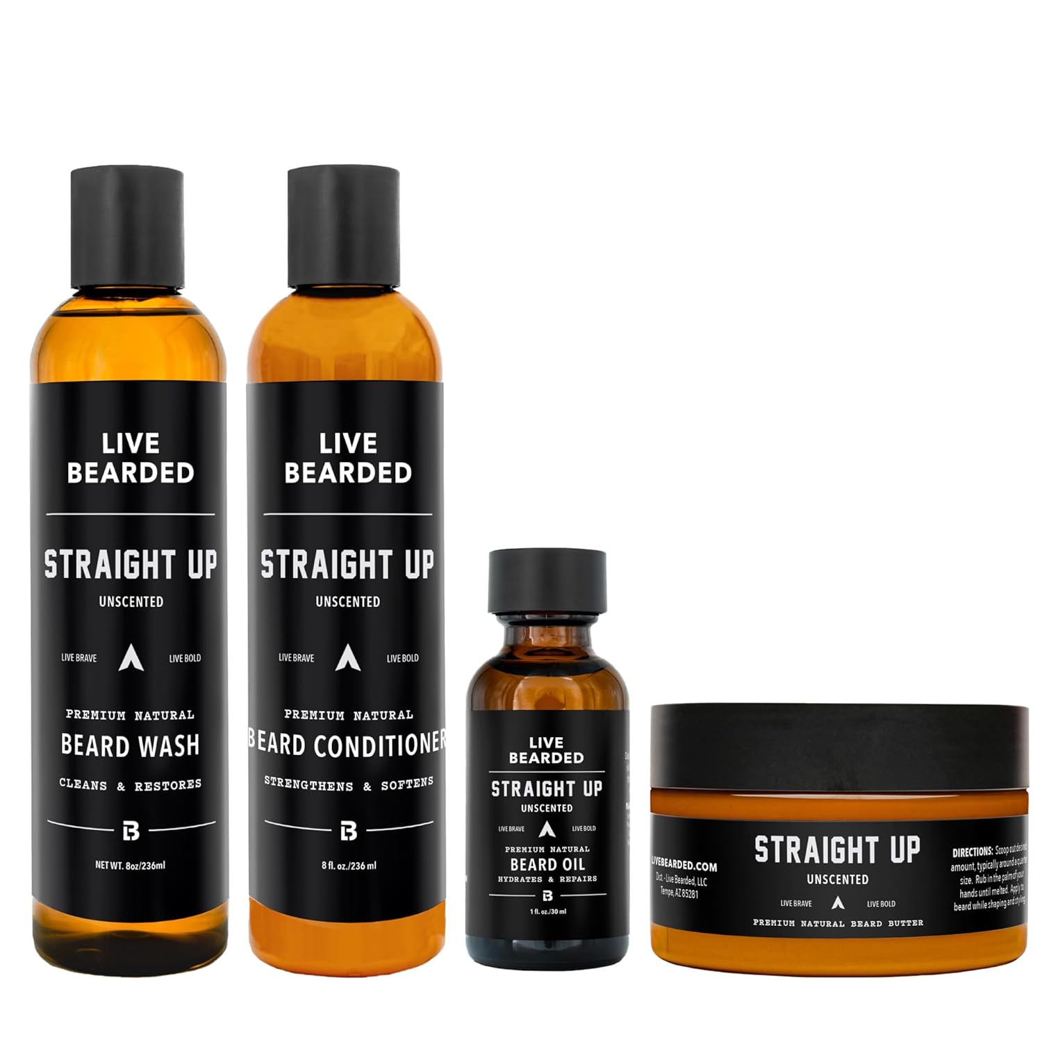 Live Bearded Complete Beard Grooming Kit – Wash, Conditioner, Butter and Oil – Made in the USA with All-Natural Ingredients – Mens Groom Set | Straight Up Unscented – Fragrance-Free
