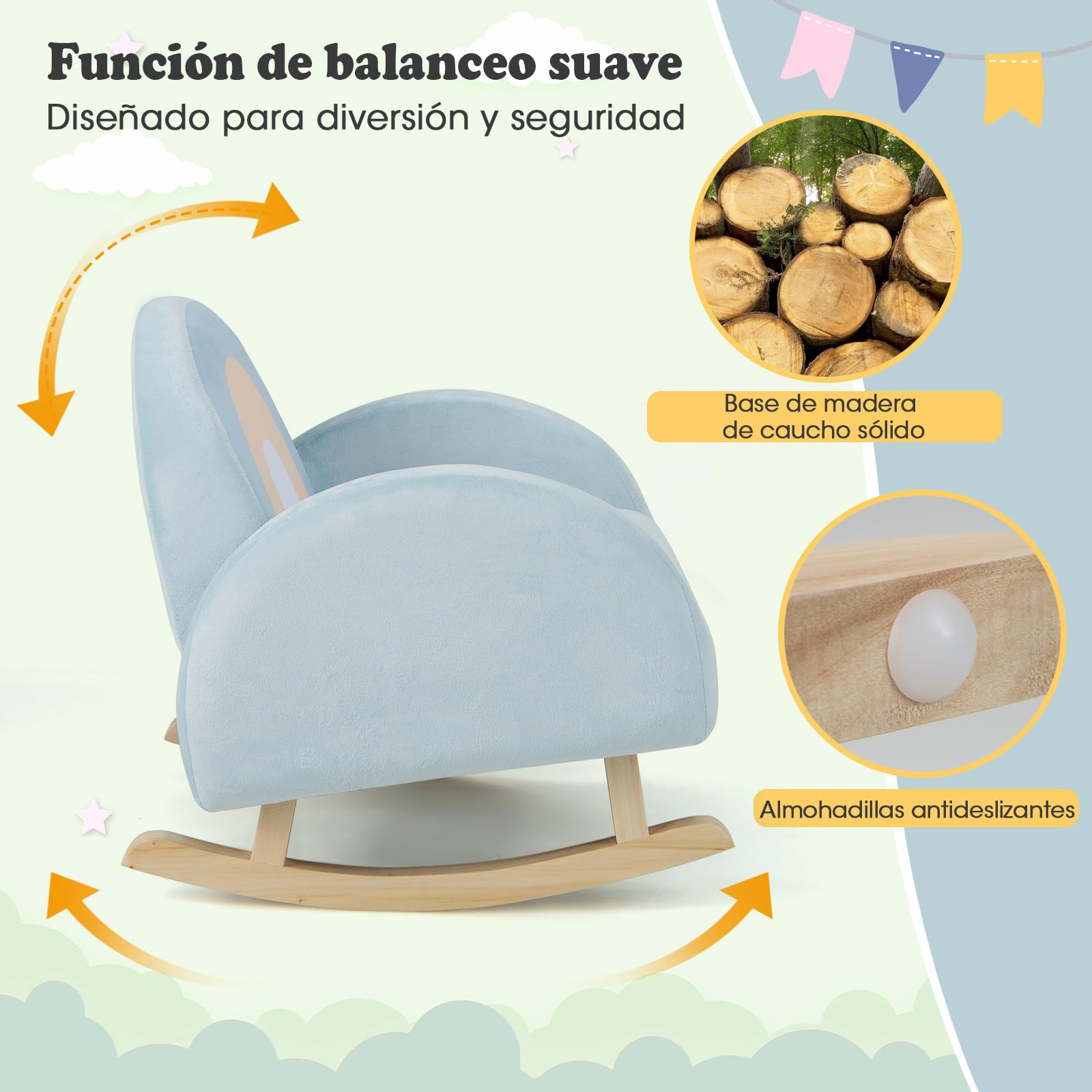COSTWAY Sillón Infantil Mecedora, Sofá Tapizado para Niños con Estructura de Madera de Caucho Macizo y Funda de Terciopelo Suave para Guardería, Sala de Juegos, Dormitorio