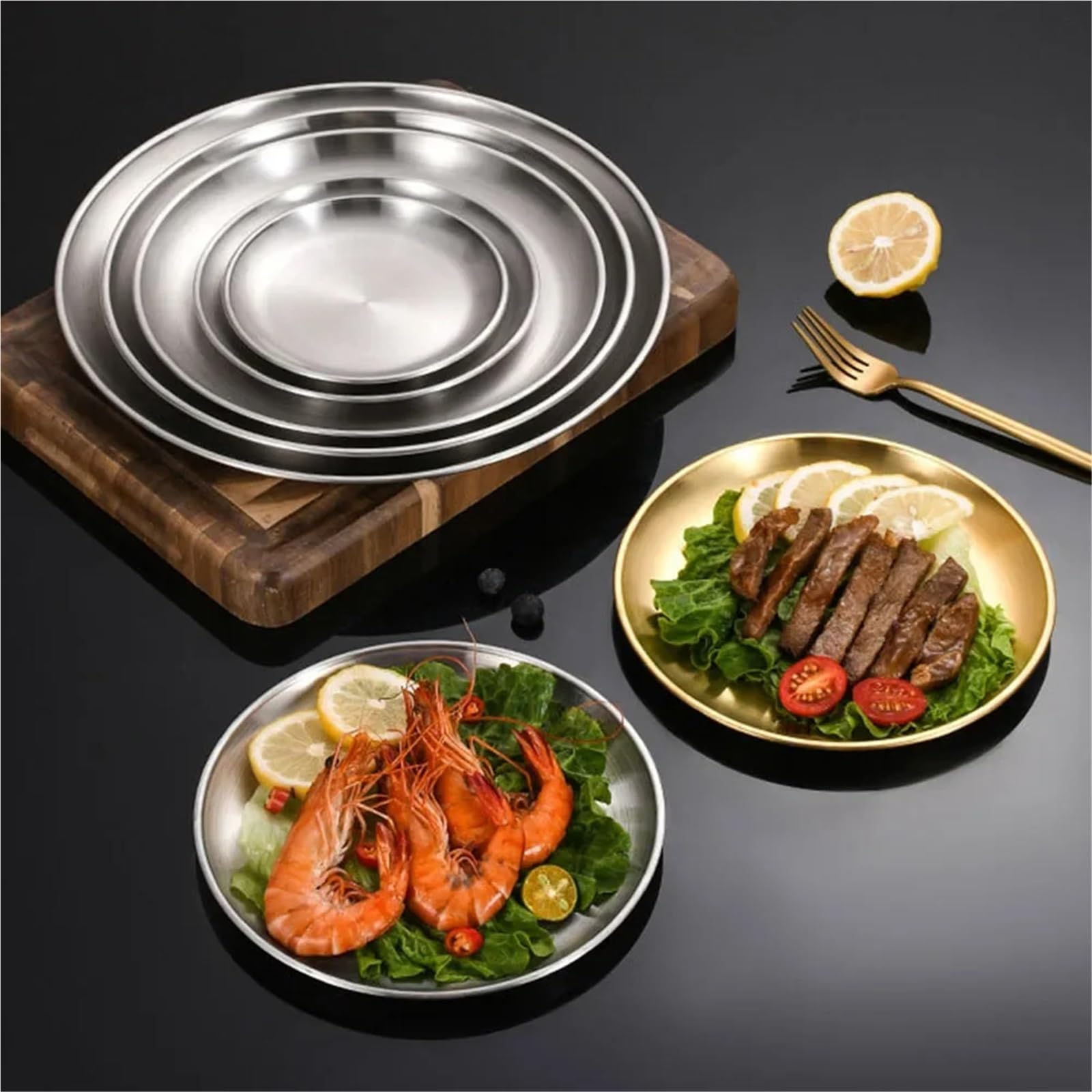 Bandeja de Servicio de Acero Inoxidable 4 Platos Redondos de Acero Inoxidable for escupir Huesos, Bandeja Poco Profunda, Plato Metal for Acampar, Comedor, Picnic, Utensilios Cocina(30cm)