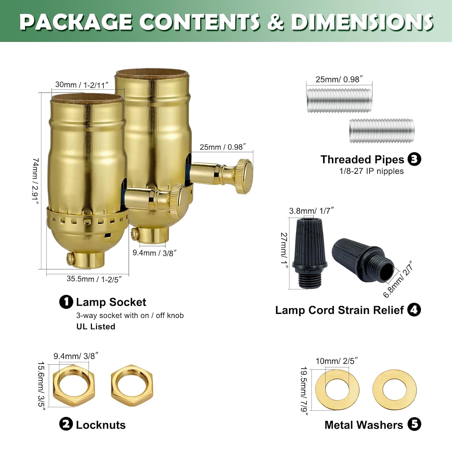 Full Range Dimmer Lamp Socket, Dimmable Lamp Switch Replacement, Vintage E26 Light Bulb Socket with Dimming Switch Knob for Table Floor Light, UL (2, Gold Color)