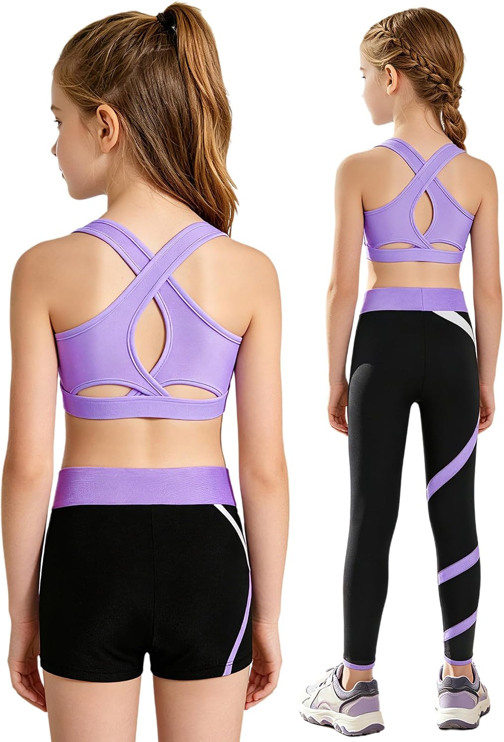 Moily Kids Breathable Sports Outfit Girls Gymnastic Set Cross Back Vest Shorts Leggings Cute Dance Wear Yoga Apparel Lavender 14 Years