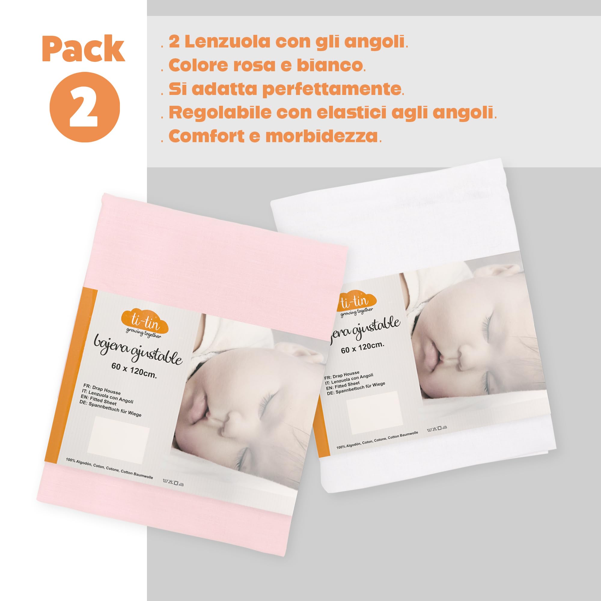 Ti TIN Confezione da 2 Lenzuola con Angoli per Culla 100% Cotone | Set di 2 Lenzuola Regolabili con Elastici, 60x120 cm, 1 Lenzuolo Bianco + 1 Lenzuolo Rosa | 100% cotone, gommato, traspirante e morbido, facile da pulire, adatto all'asciugatrice