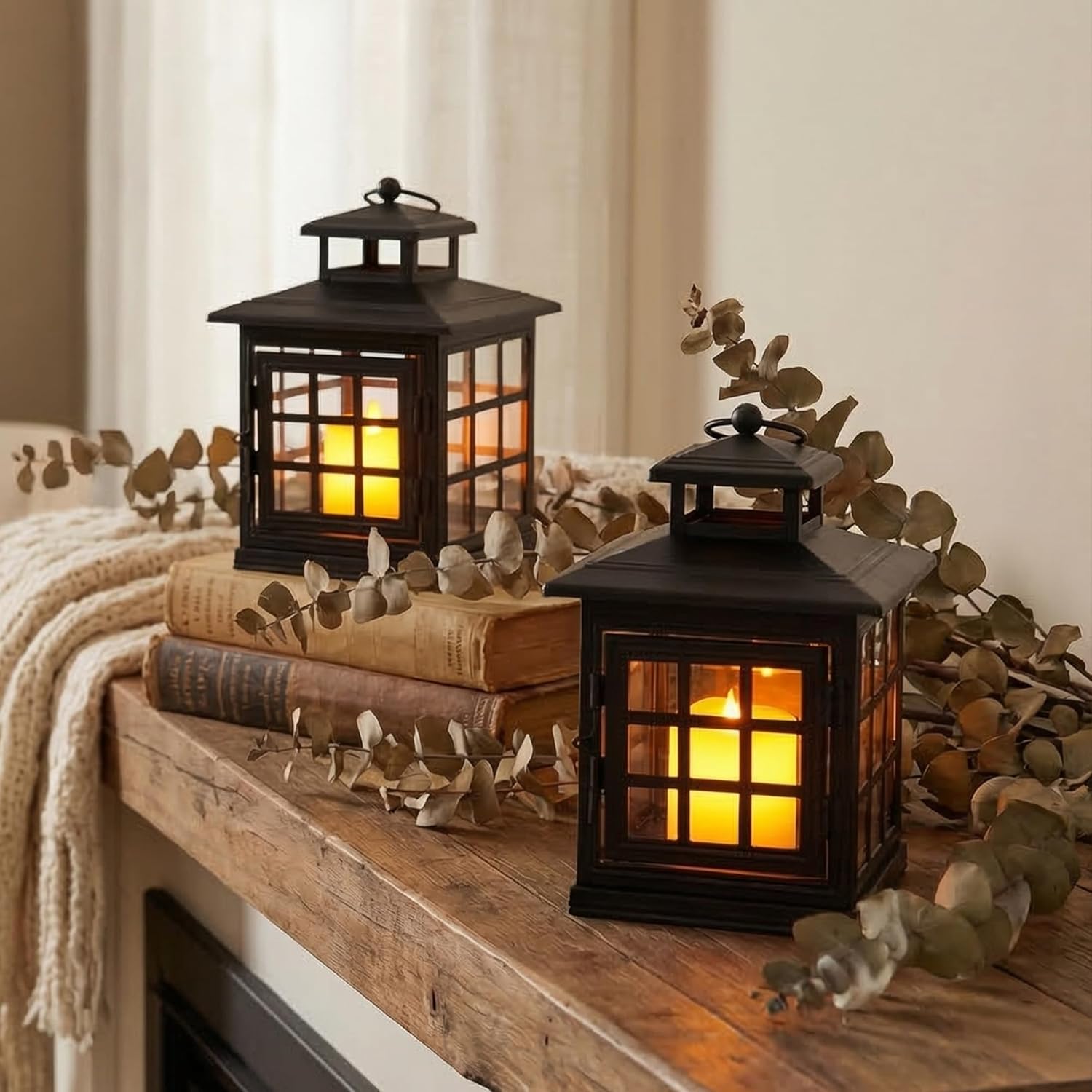 TRIROCKS 2 Set of 8'' High Decorative Candle Lantern Metal Candle Holder Hanging Lantern for Home Decor Indoor Outdoor Living Room Parties Events Tabletop Indoors Outdoors (Black)